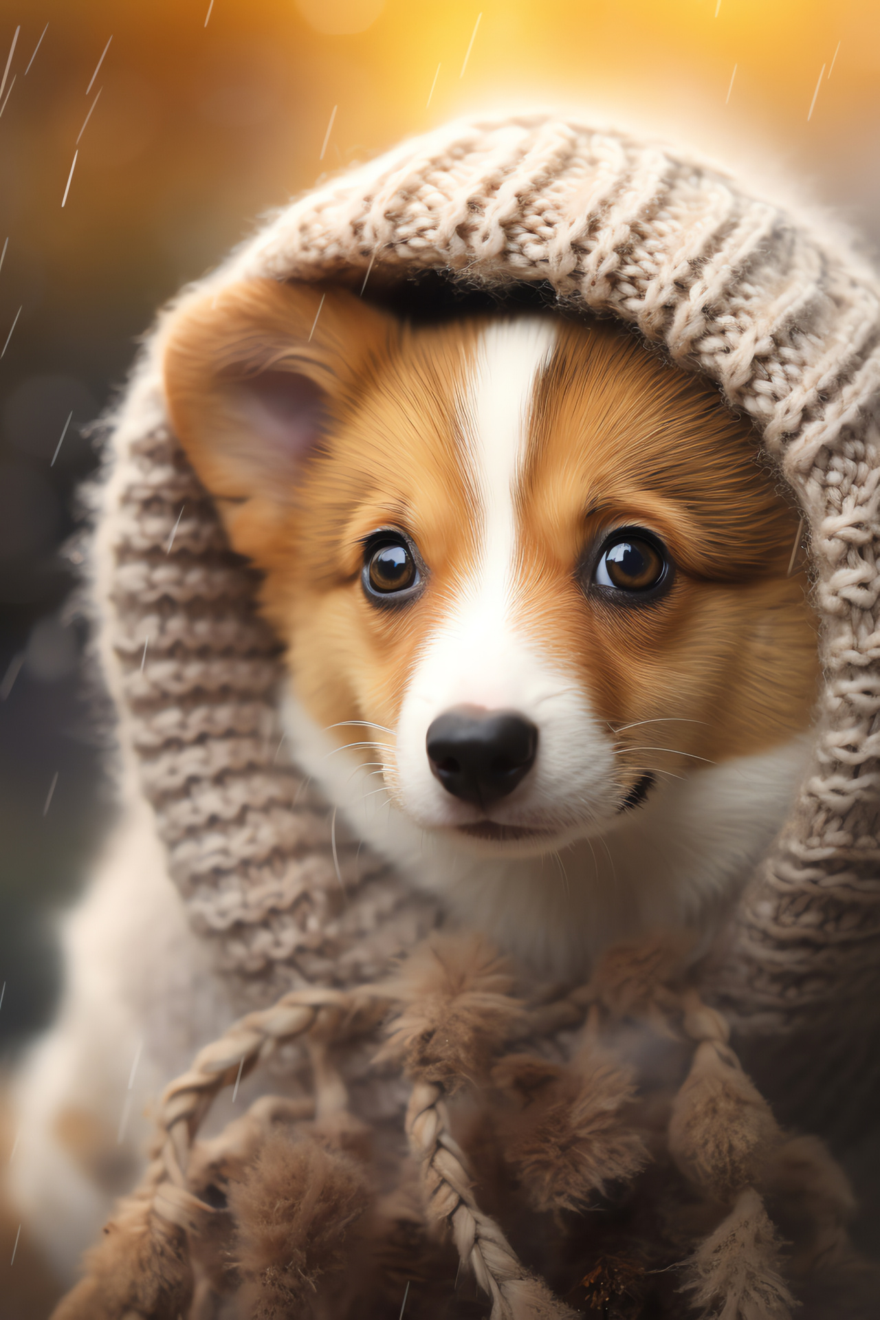 Corgi puppy, cuddly pet, tri-color fur, tan marks, cozy setting, HD Phone Image