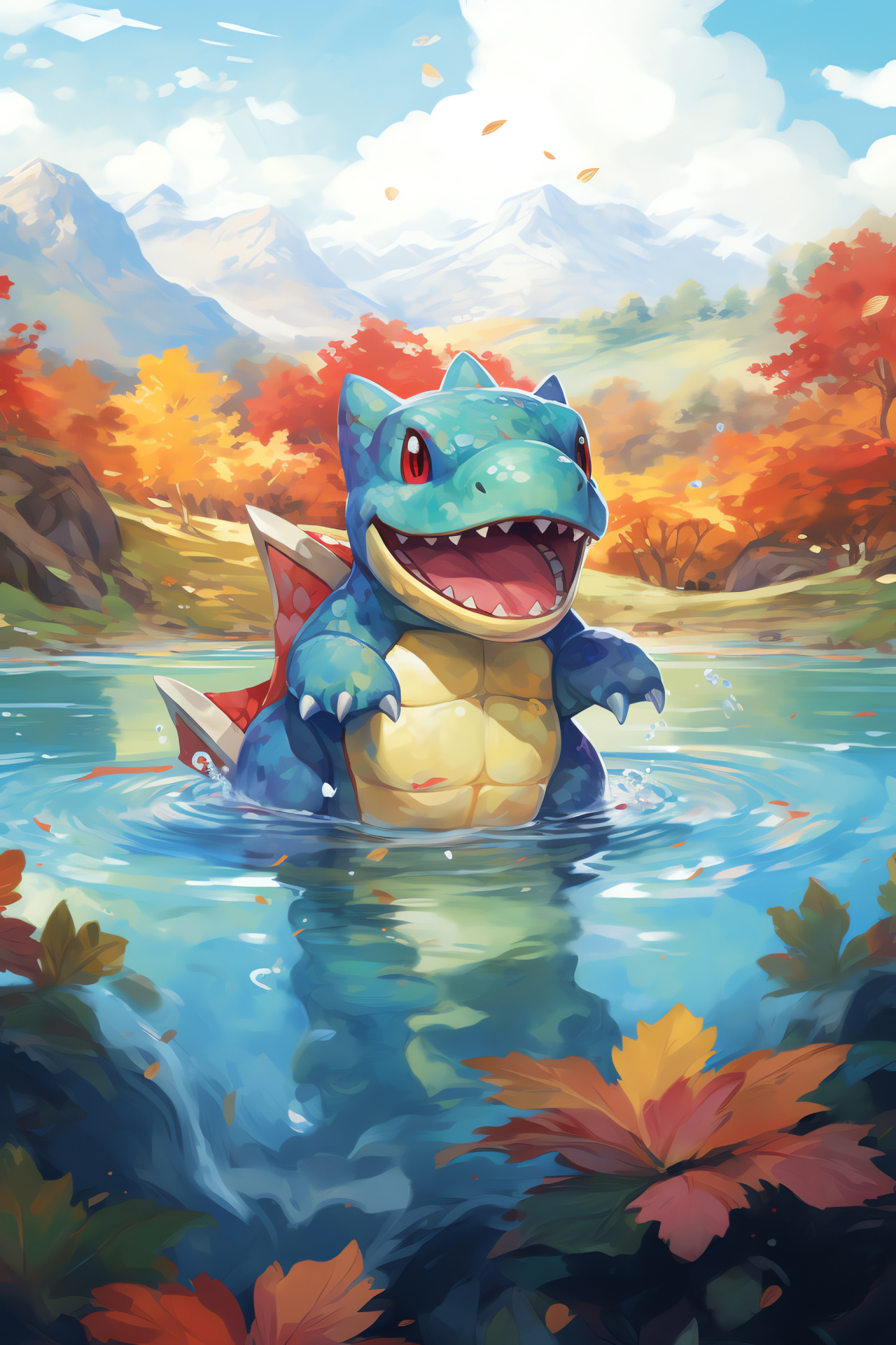 Totodile appearance, Lake of Rage habitat, Crystal-clear aquatic environment, Serene autumnal scene, Pokmon habitat, HD Phone Image