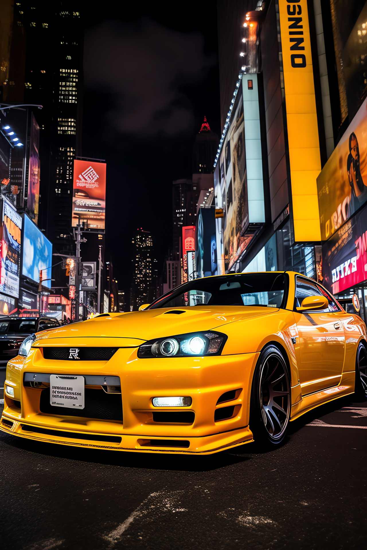 Nissan Skyline GTR R33, New York vibrancy, Times Square buzz, Taxi yellow coat, Metropolitan landmarks, HD Phone Image