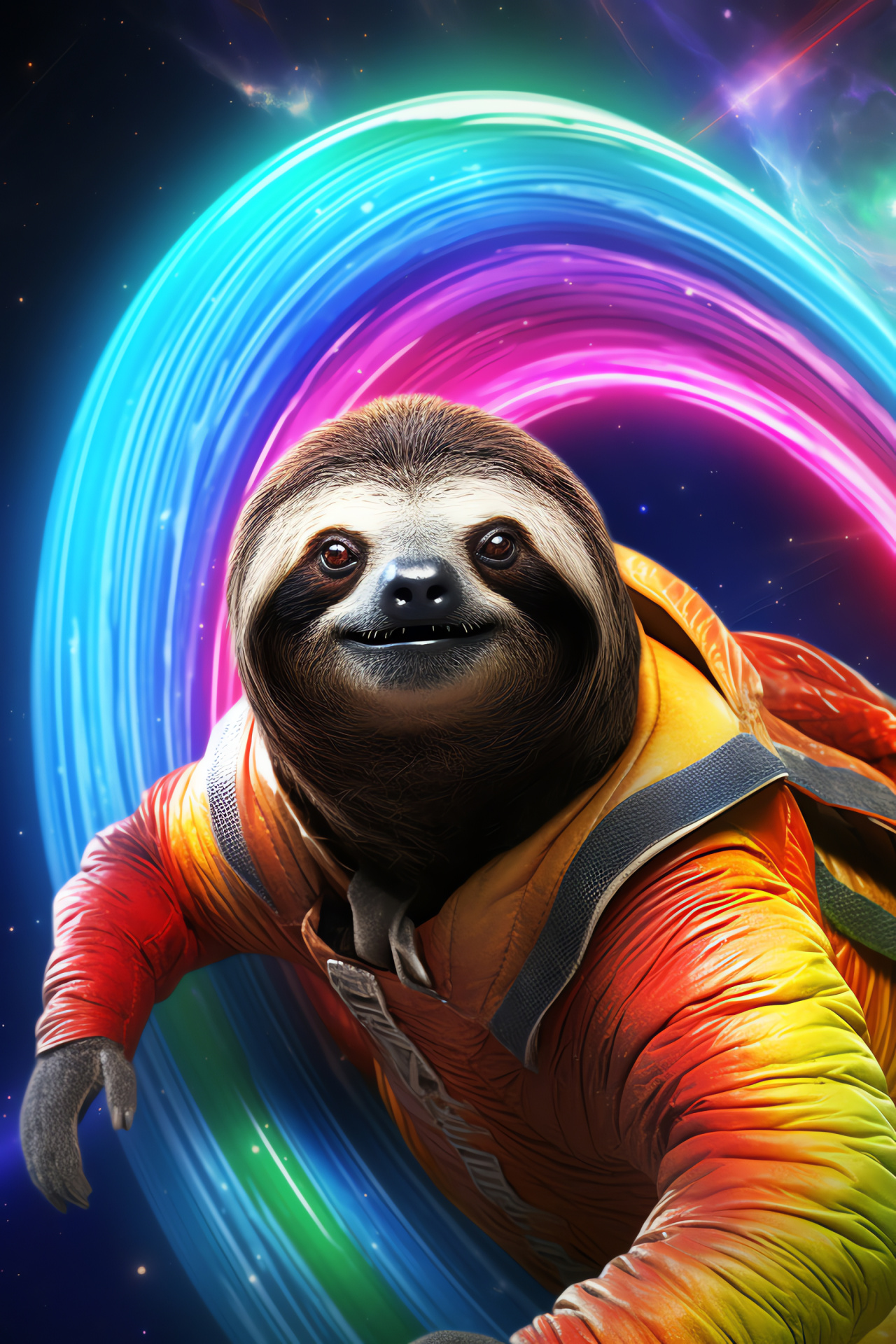 Rainbow Space Sloth, Vibrant yellow eyes, Spectrum-striped fur, Planetary body background, Colorful celestial entity, HD Phone Image