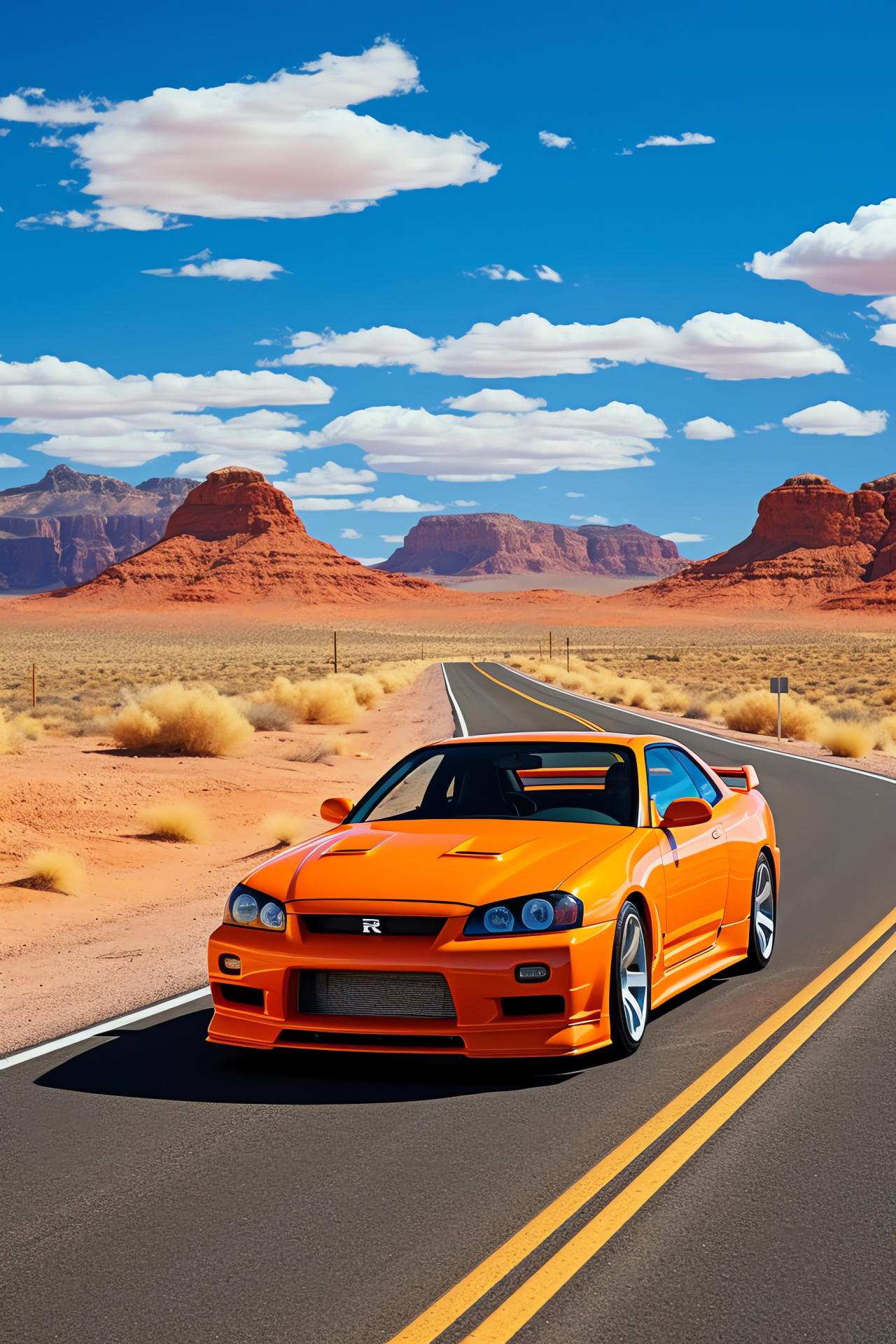 Nissan Skyline GTR R33 Route 66, American driving icon, Vibrant body paint, Desert highway, Automotive legacy, HD Phone Image