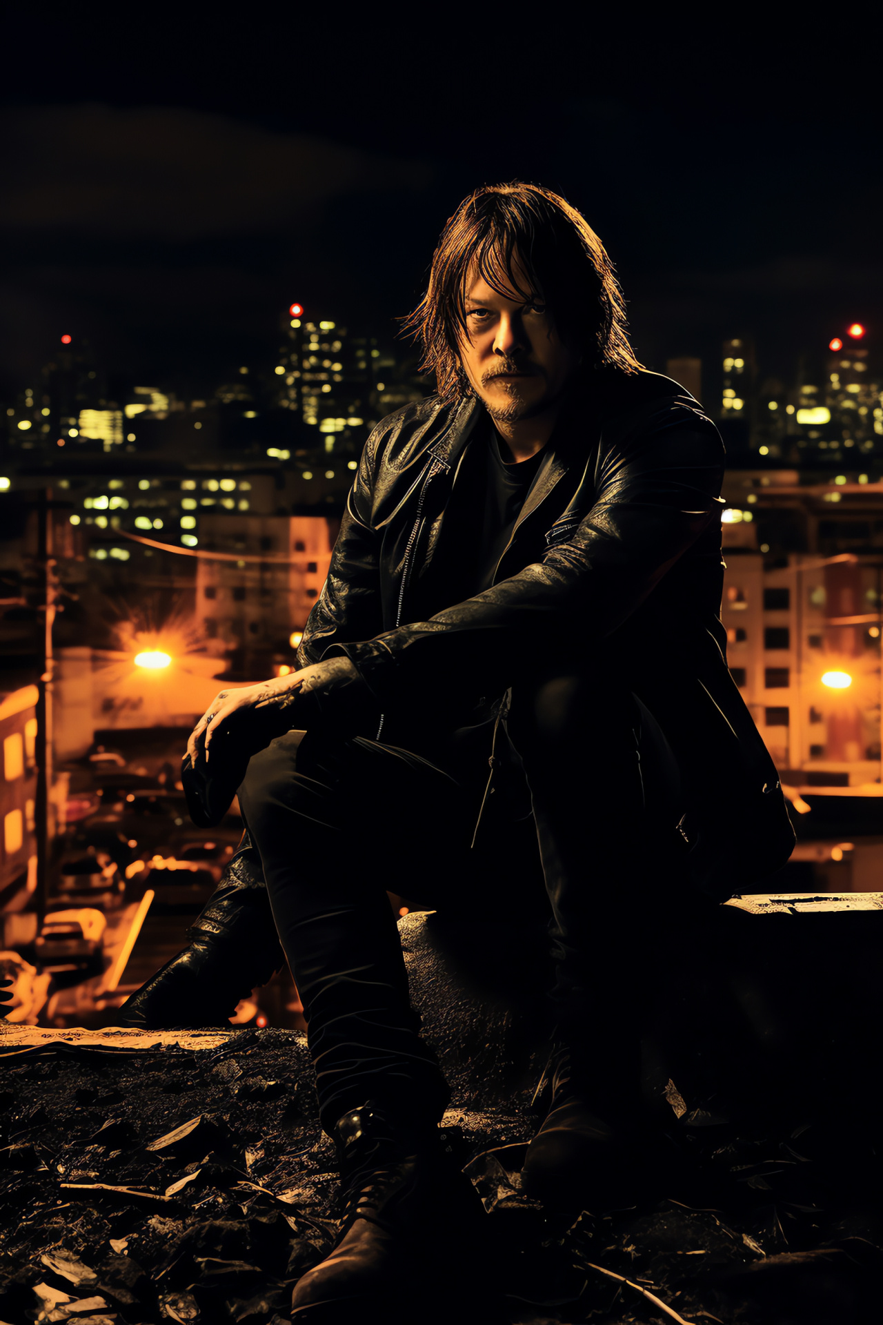 Norman Reedus, metropolitan skyline, speculative fiction setting, elevated position, dystopian panorama, HD Phone Wallpaper