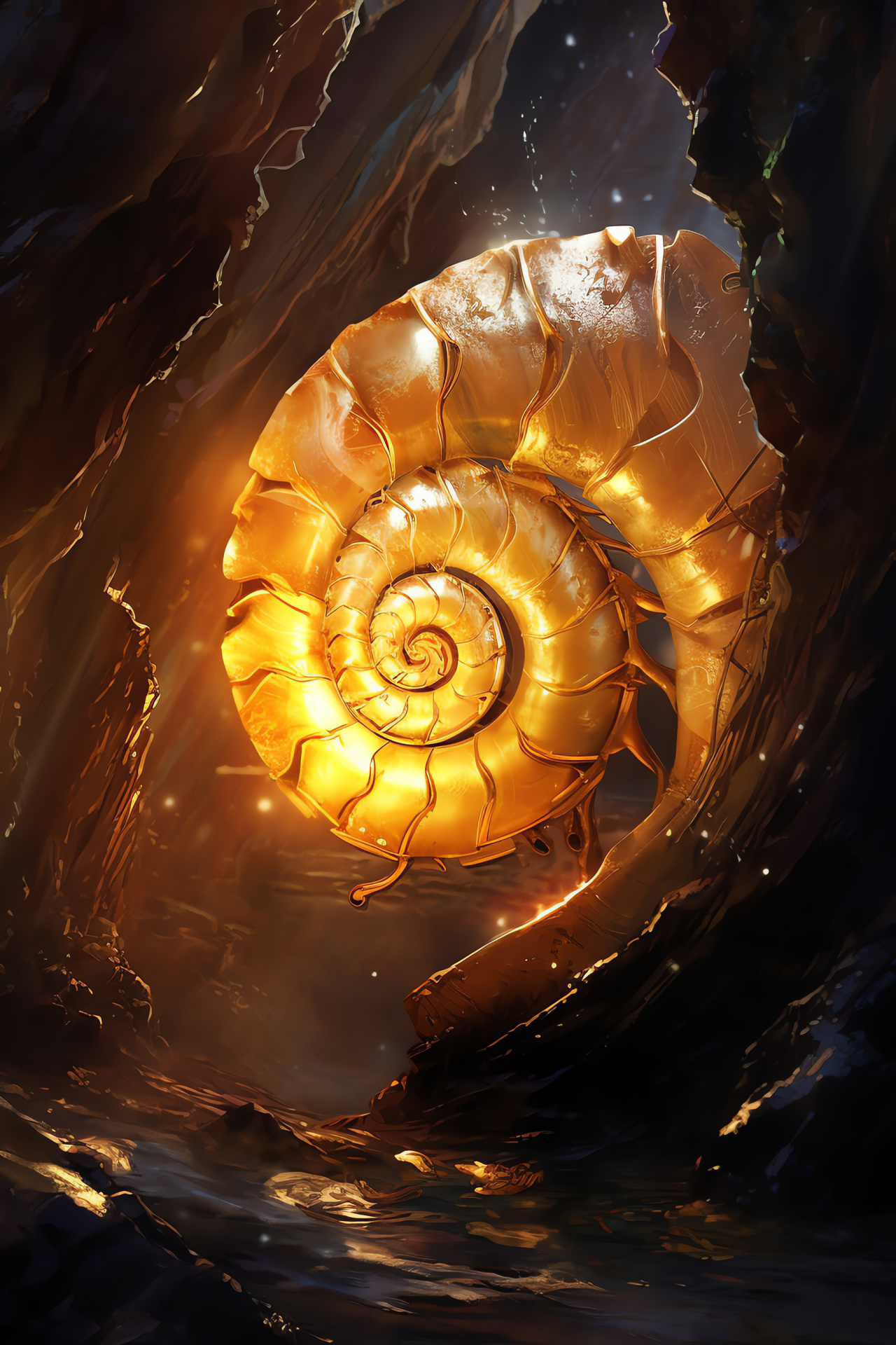 Nautilus scene, marine grotto, rare species, spiral casing, sunlit ocean bed, HD Phone Wallpaper