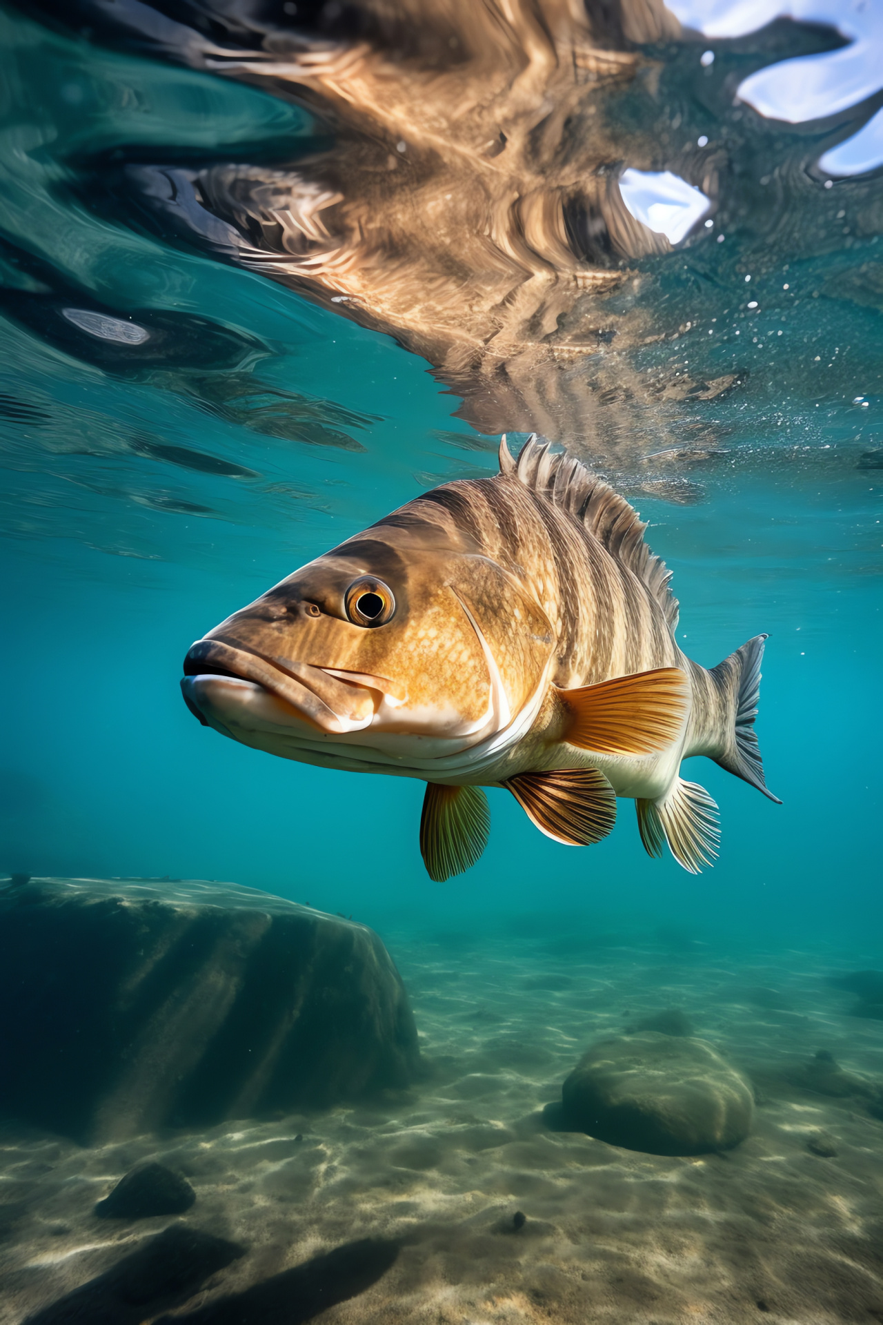 Smallmouth Bass fish, Alpine aquatic species, Blue-eyed freshwater predator, Turquoise-hued waters habitat, Underwater fauna, HD Phone Wallpaper