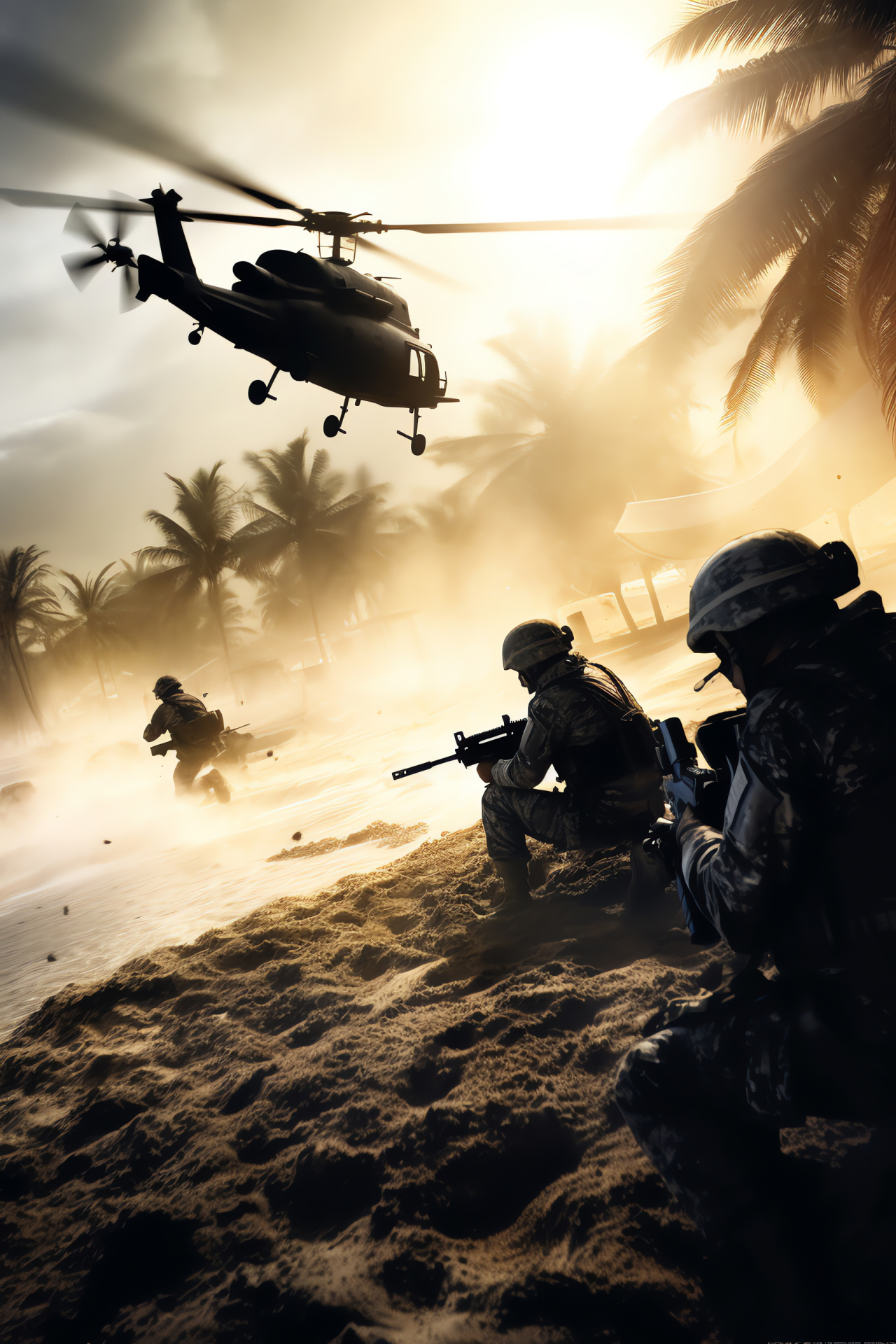 Virtual battlefield, Enclosed combat, Adversarial engagement, Armed military avatars, Strategic gameplay, HD Phone Image