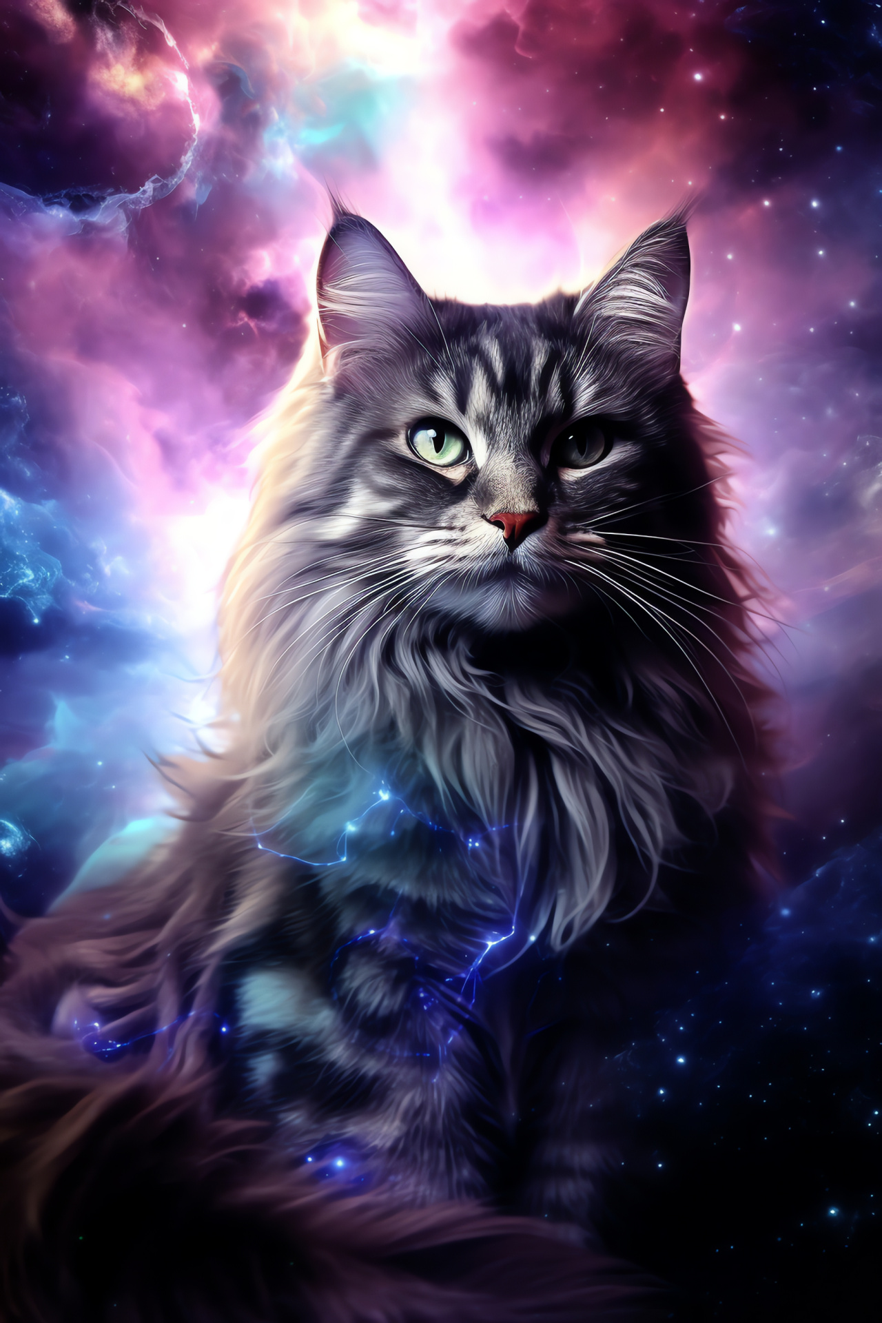 Space Cat with golden eyes, Medium-fur cosmic feline, Intergalactic pet, Galactic explorer pet, Nebula-dwelling kitty, HD Phone Image