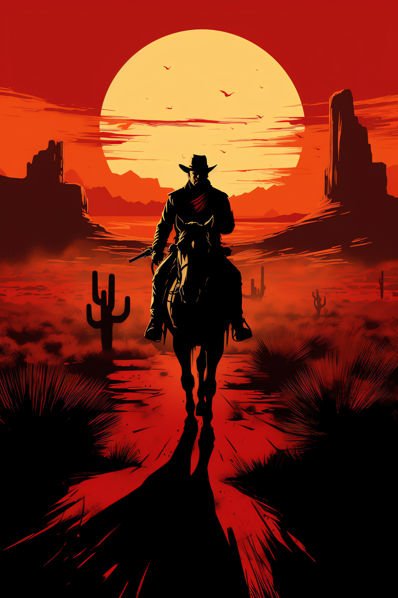 Western frontier game, RDR lone cowboy, Vast desert, Sunlit landscape, Cast shadows, HD Phone Image