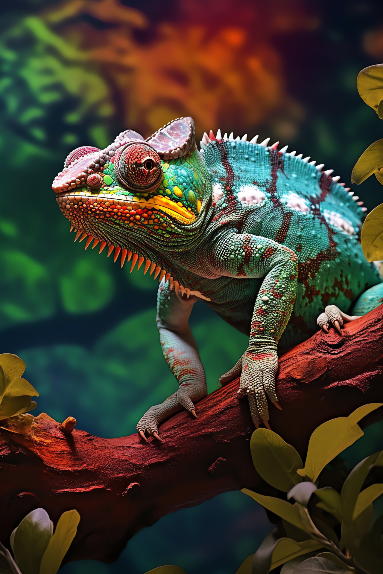 Chameleon presence, green reptile skin, triple-tone backdrop effect, reptile pattern complexity, chameleon focus, HD Phone Wallpaper