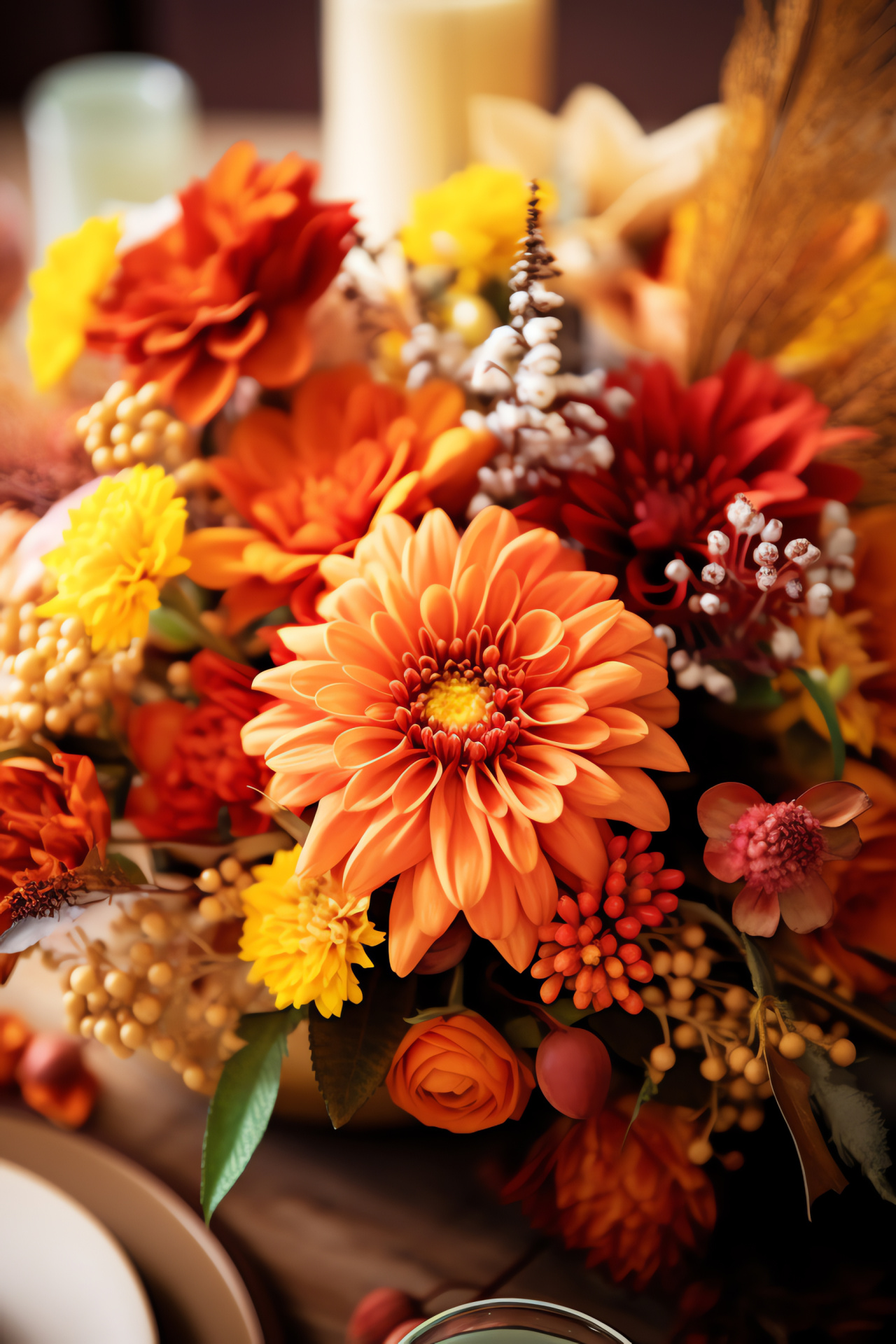 Thanksgiving floral display, Fall bloom arrangements, Foliage decor, Rustic wooden textures, Festive atmosphere, HD Phone Image