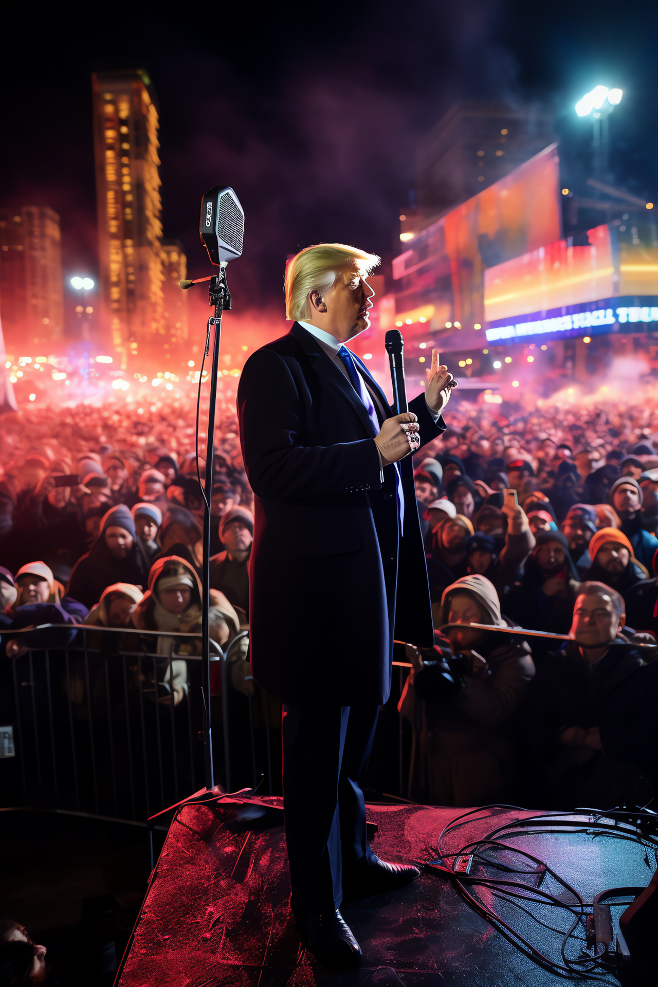 Trump amidst protesters, active city square scenario, multitude of banners, diversity of signs and messages, HD Phone Image