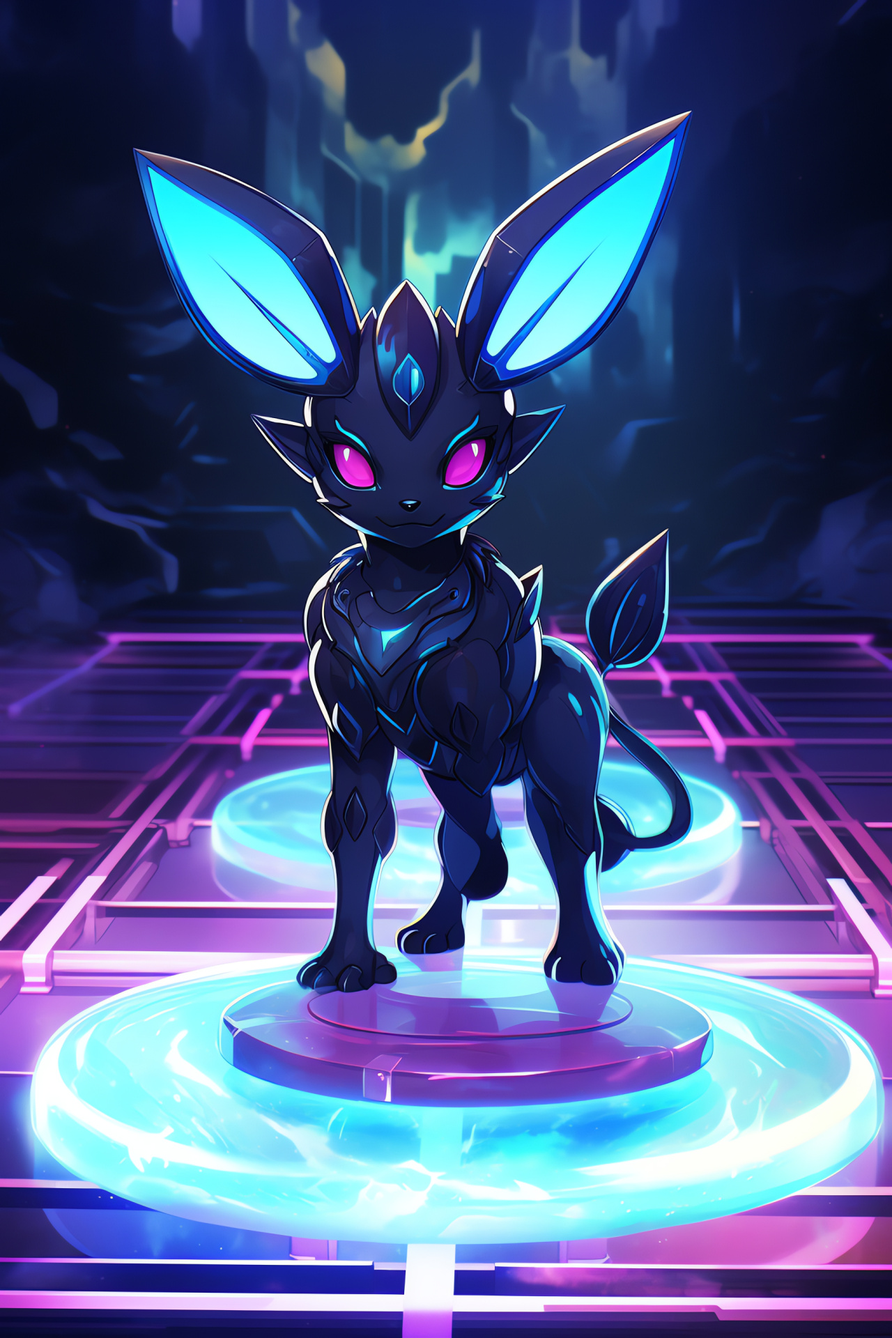 Futuristic Shiny Umbreon, Suspended in virtuality, Sleek gaming graphics, Luminous platform stage, Unreal engine visual, HD Phone Image