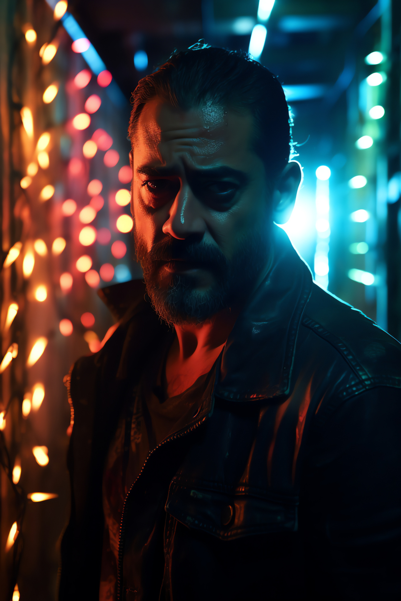Negan character, Jeffrey Dean Morgan actor, The Walking Dead series, villainous stance, neon ambiance, HD Phone Image