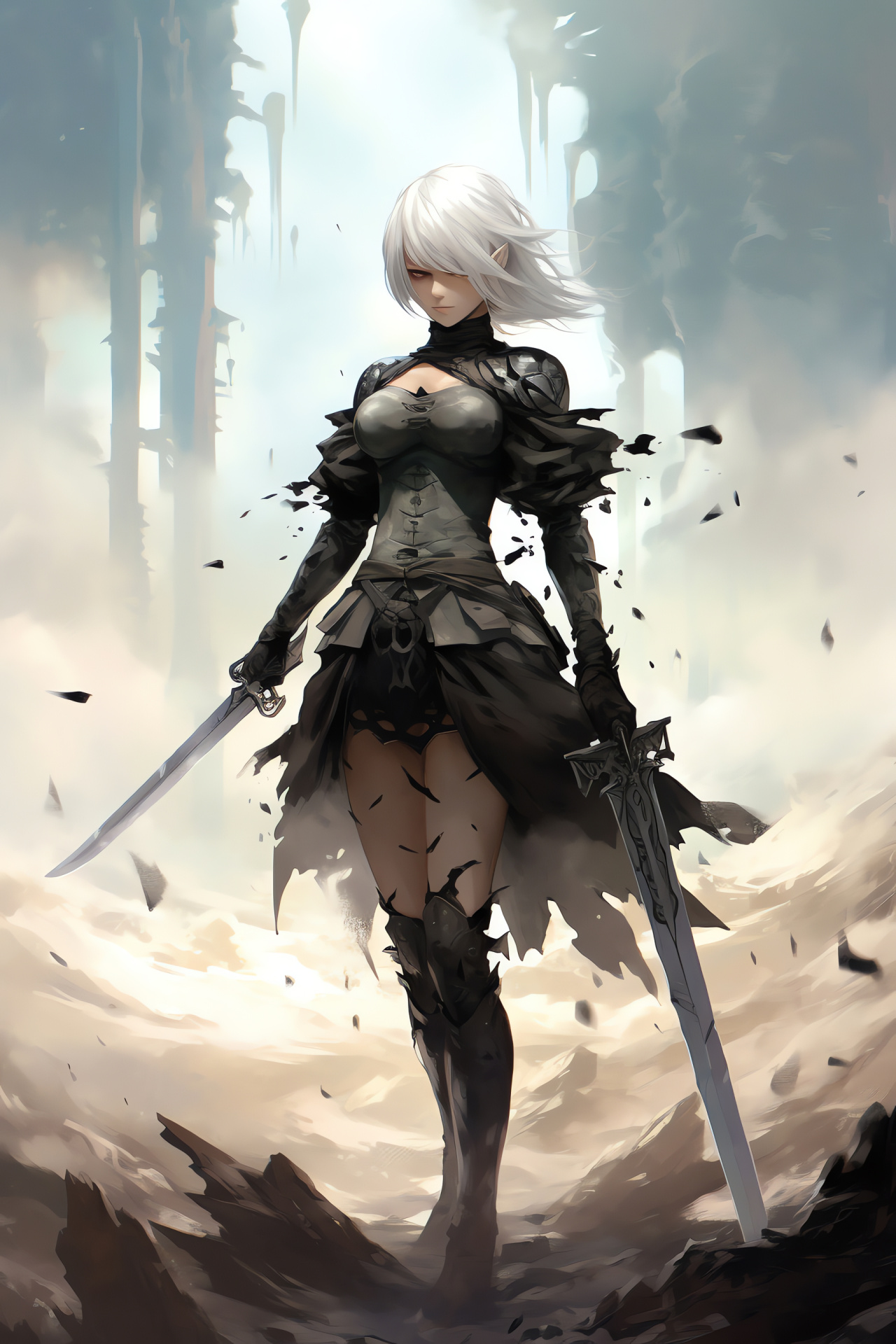 Nier Replicant A2 in combat, Android agility, Simulation of motion, Greatsword technique, Vigorous battle scene, HD Phone Image