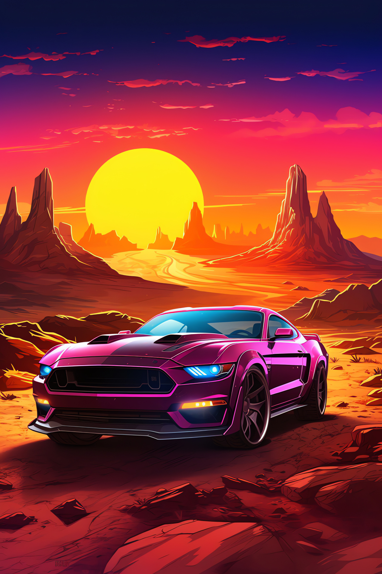 Ford Mustang, Broad urban overture, Color-rich city illustration, Neon-style artwork, Conceptual city skyline, HD Phone Wallpaper