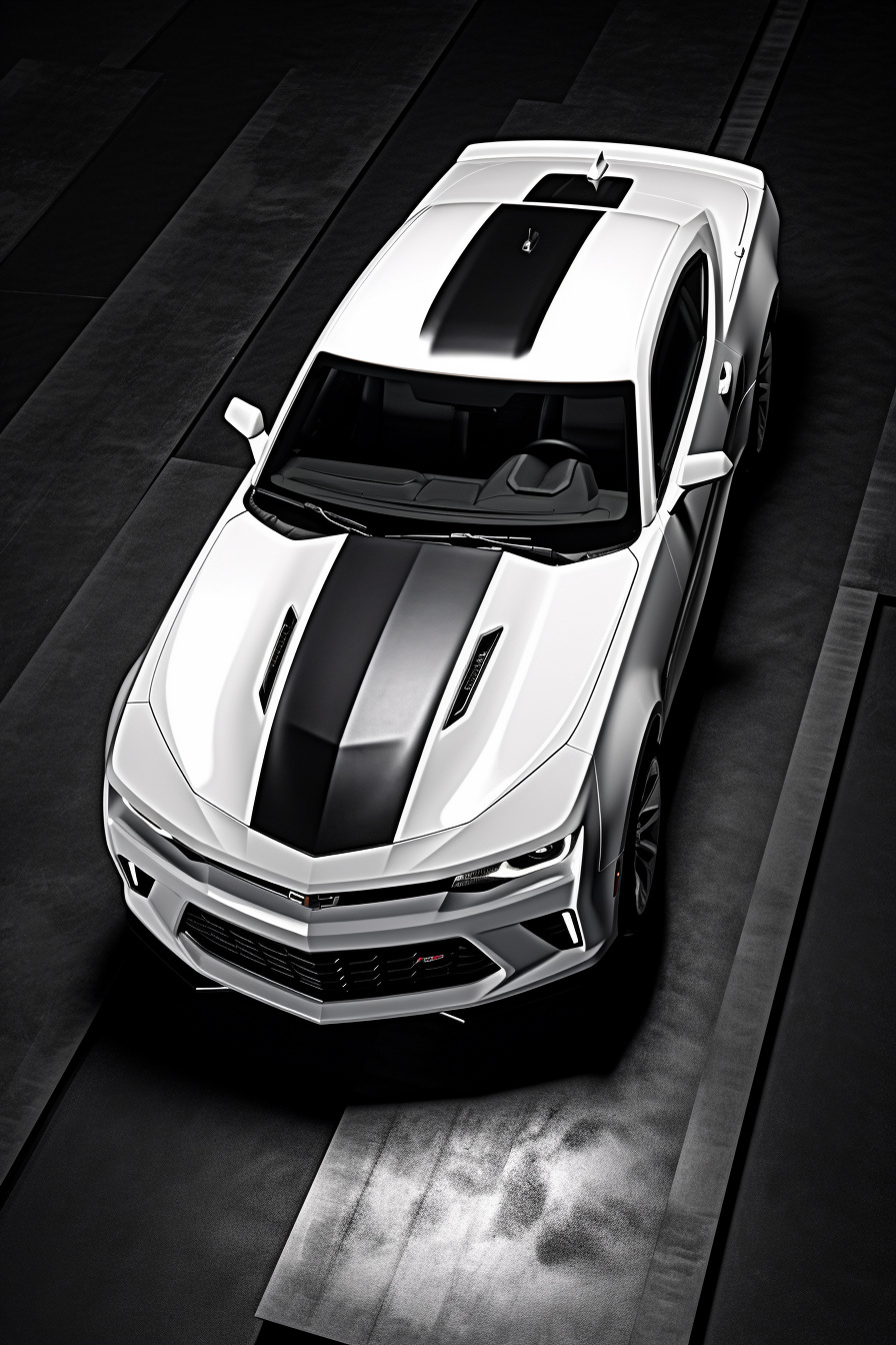 Chevrolet Camaro SS, Elevated angle shot, Iconic American muscle, Dual-color background, Showcase of power, HD Phone Image
