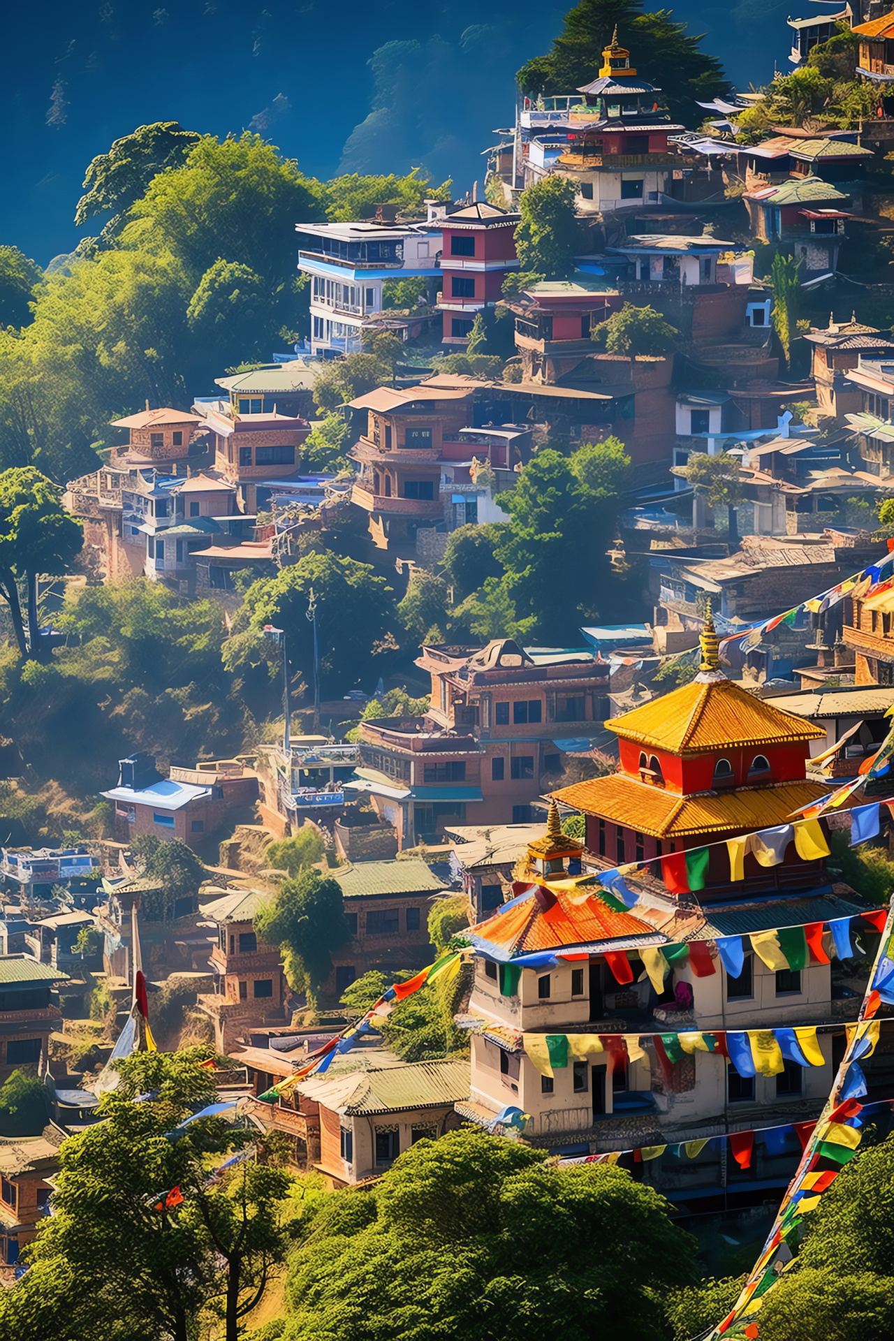 Nepalese Himalayan realm, Kathmandu historic valley, architectural religious structures, verdant mountain landscape, cultural prayer emblems, HD Phone Image