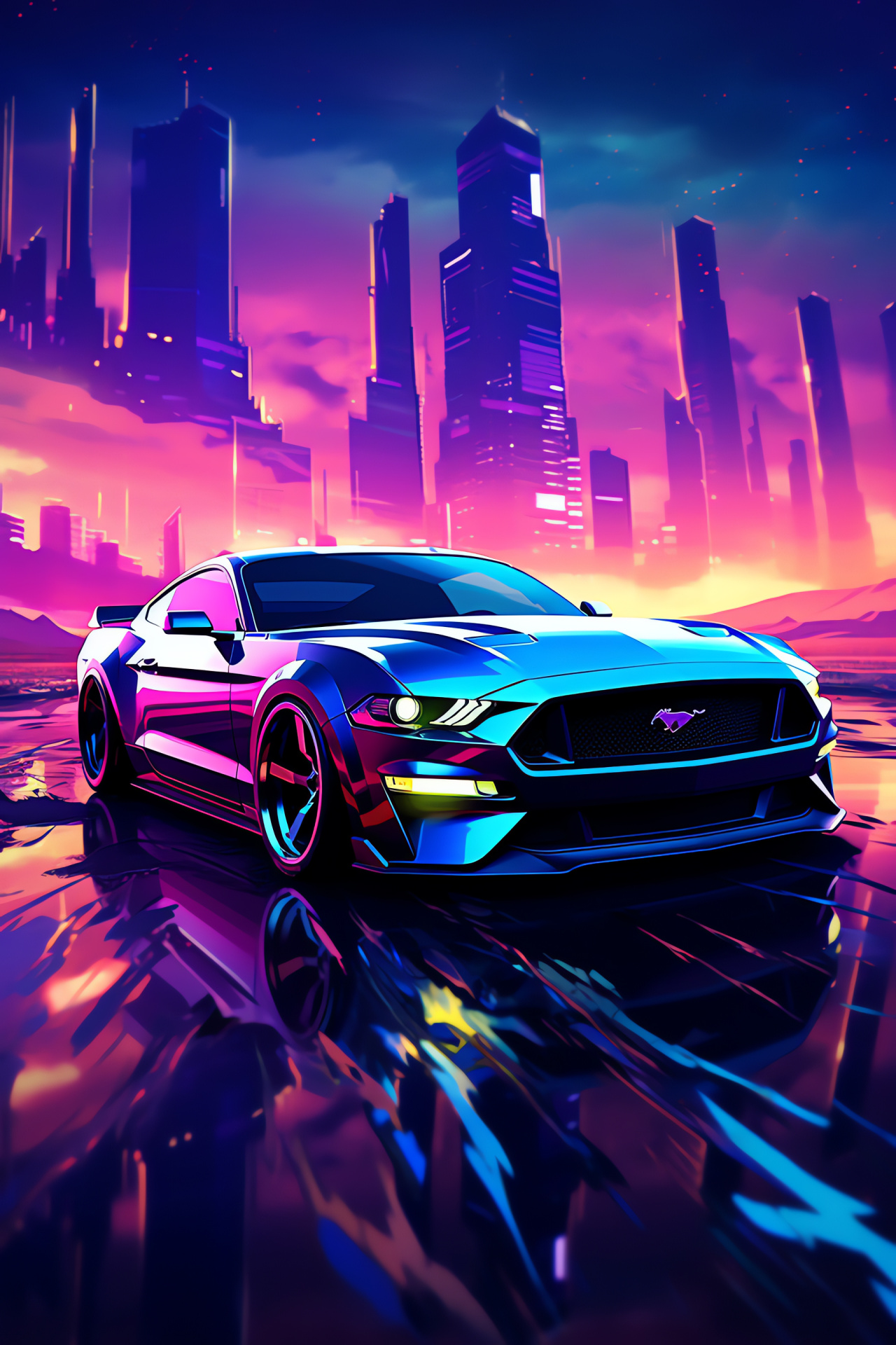 Mustang aerial cyber view, Visionary landscape Mustang, Tech-forward urban scene, Neon-lit Mustang journey, Elevated city drive, HD Phone Wallpaper