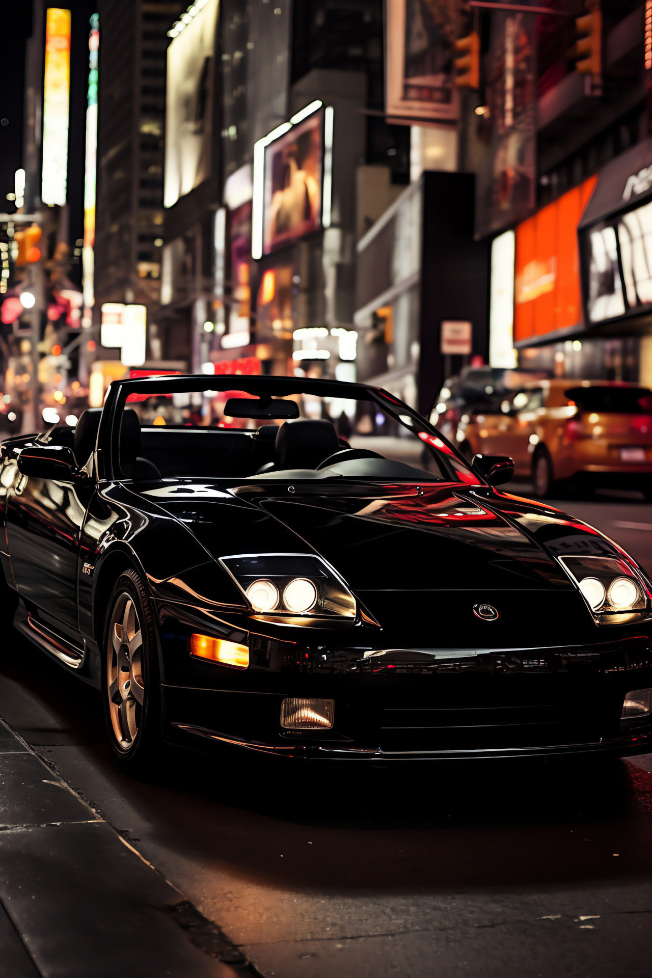 Nissan 300ZX NYC spirit, convertible city life, New York Times Square, black auto sophistication, metropolitan car scene, HD Phone Image