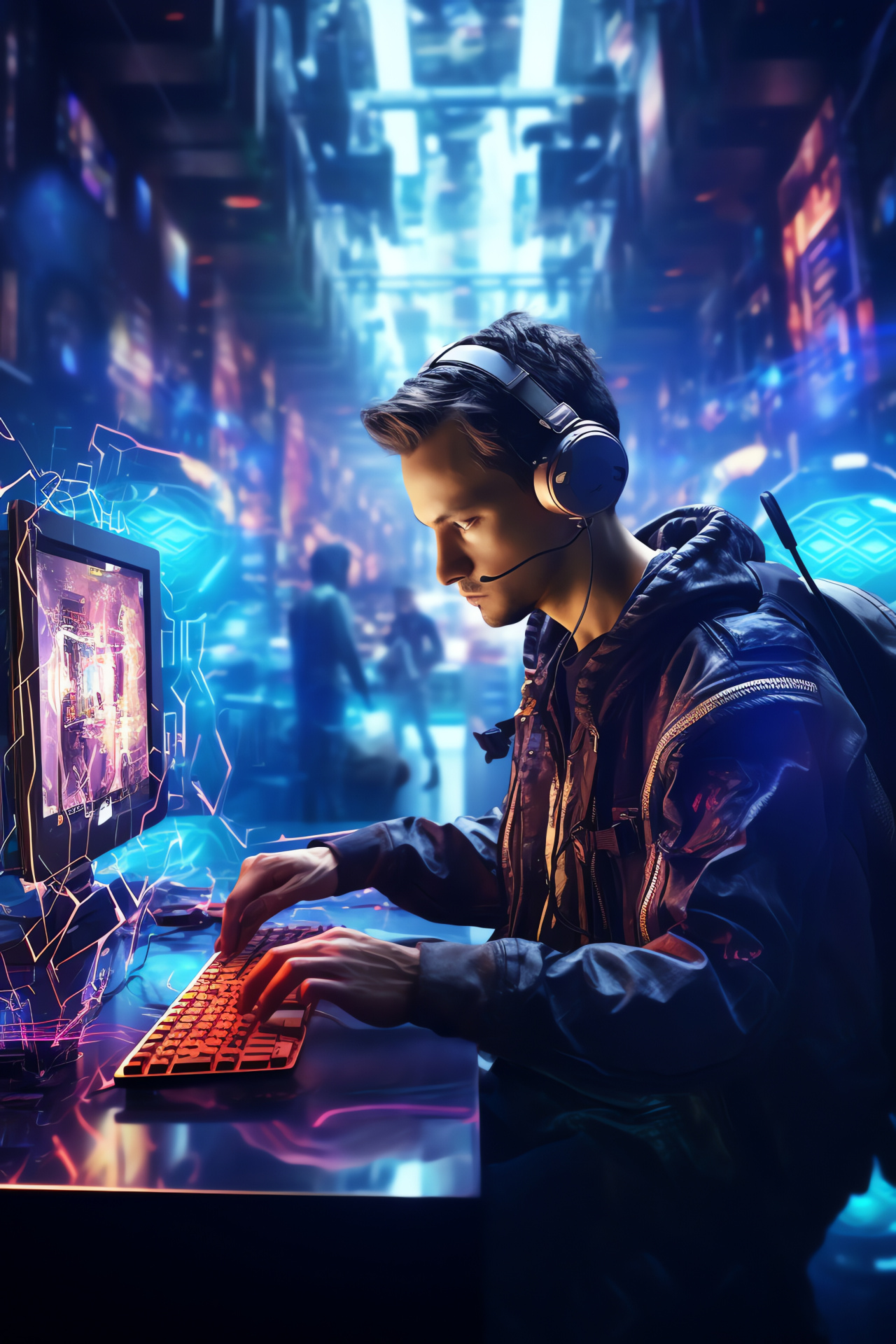 Advanced PC gaming setup, streamlined desktop, interactive displays, exclusive rig build, cooling system, HD Phone Wallpaper