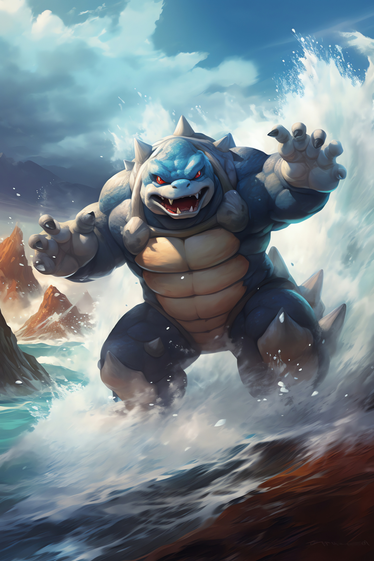 Blastoise by sea, Water projectile, Hardy creature, Oceanic background, Defensive posture, HD Phone Wallpaper