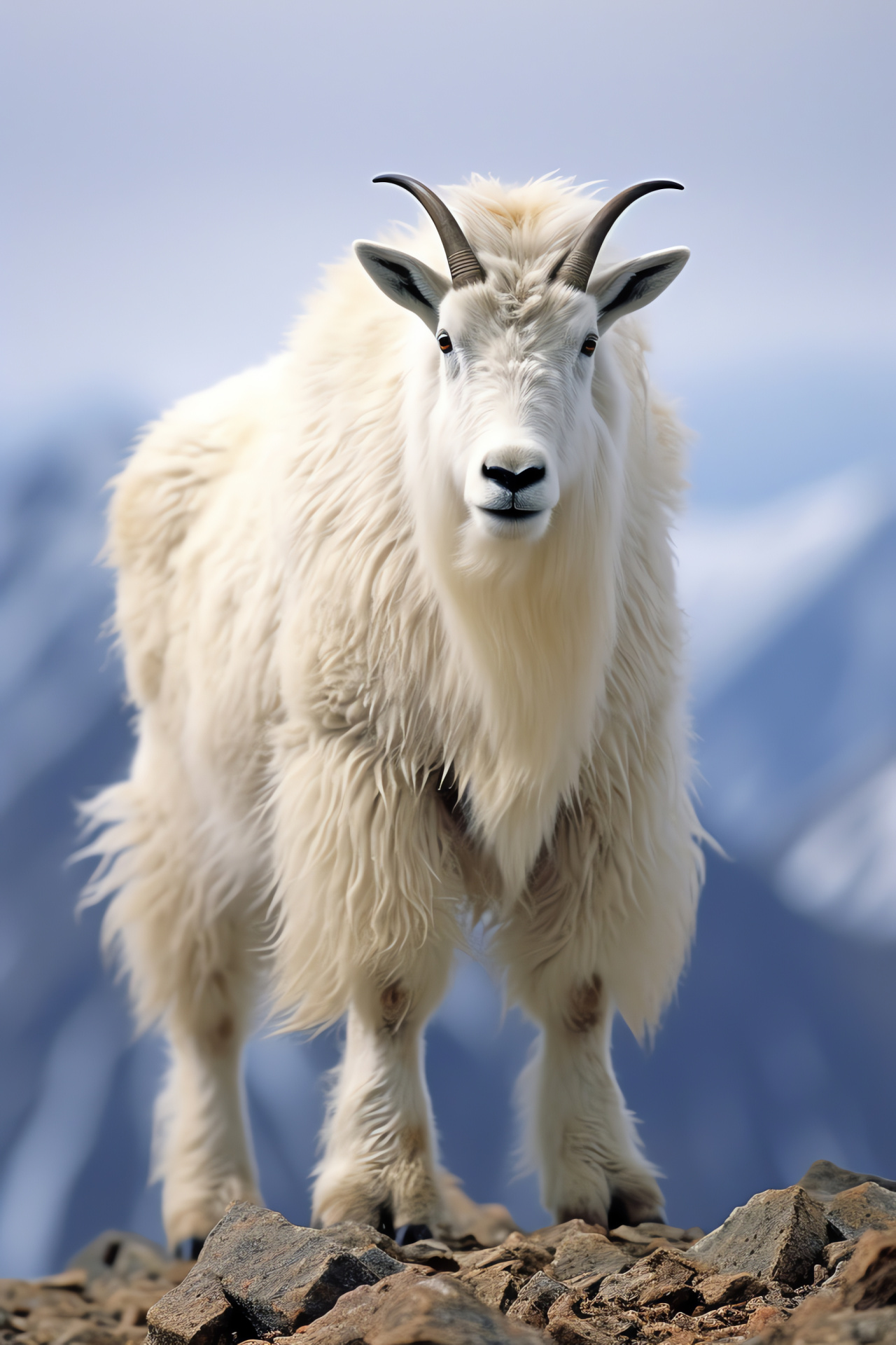 Mountain goat stance, horned gaze, woolly drapes, snowy hoofprints, rugged alpine range, HD Phone Image