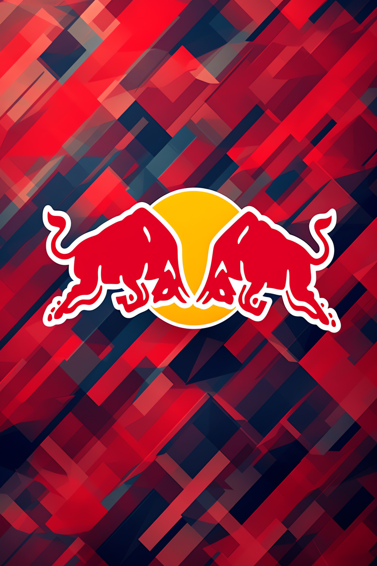 Red Bull motif, Charging bull figure, Red tones, Abstract background, Glowing ambiance, HD Phone Image