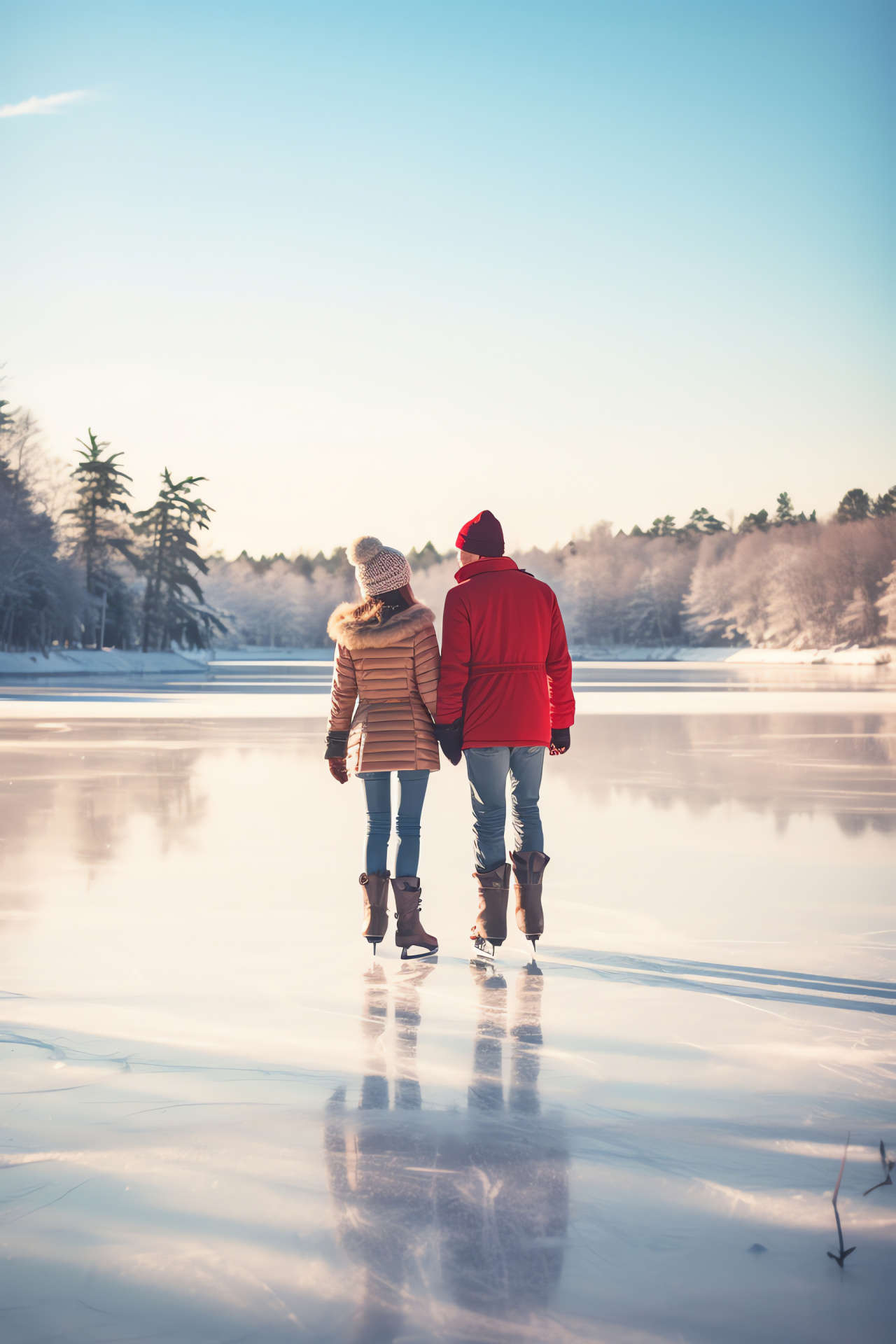 Lovers' holiday, skating duo, icy pond, winter foliage, tranquility, HD Phone Image