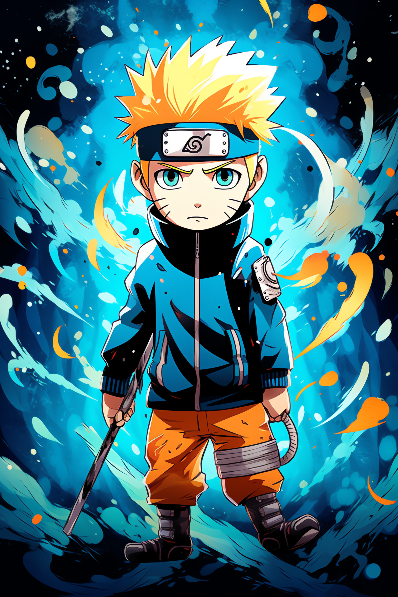 Chibi Naruto, Anime hero, Dynamic pose, Shuriken accessories, Energetic composition, HD Phone Wallpaper