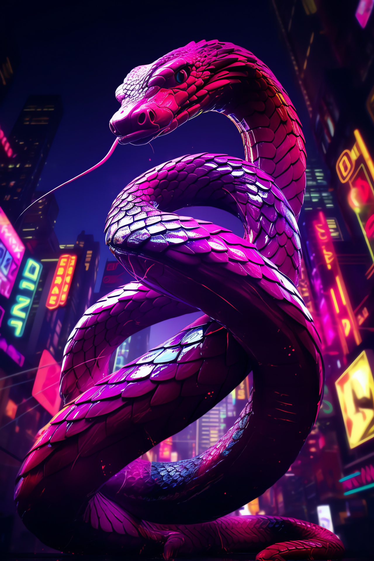 Serpentine neon glow, Urban reptile, Cyber aesthetic, Fluorescent wildlife, Dynamic light display, HD Phone Image