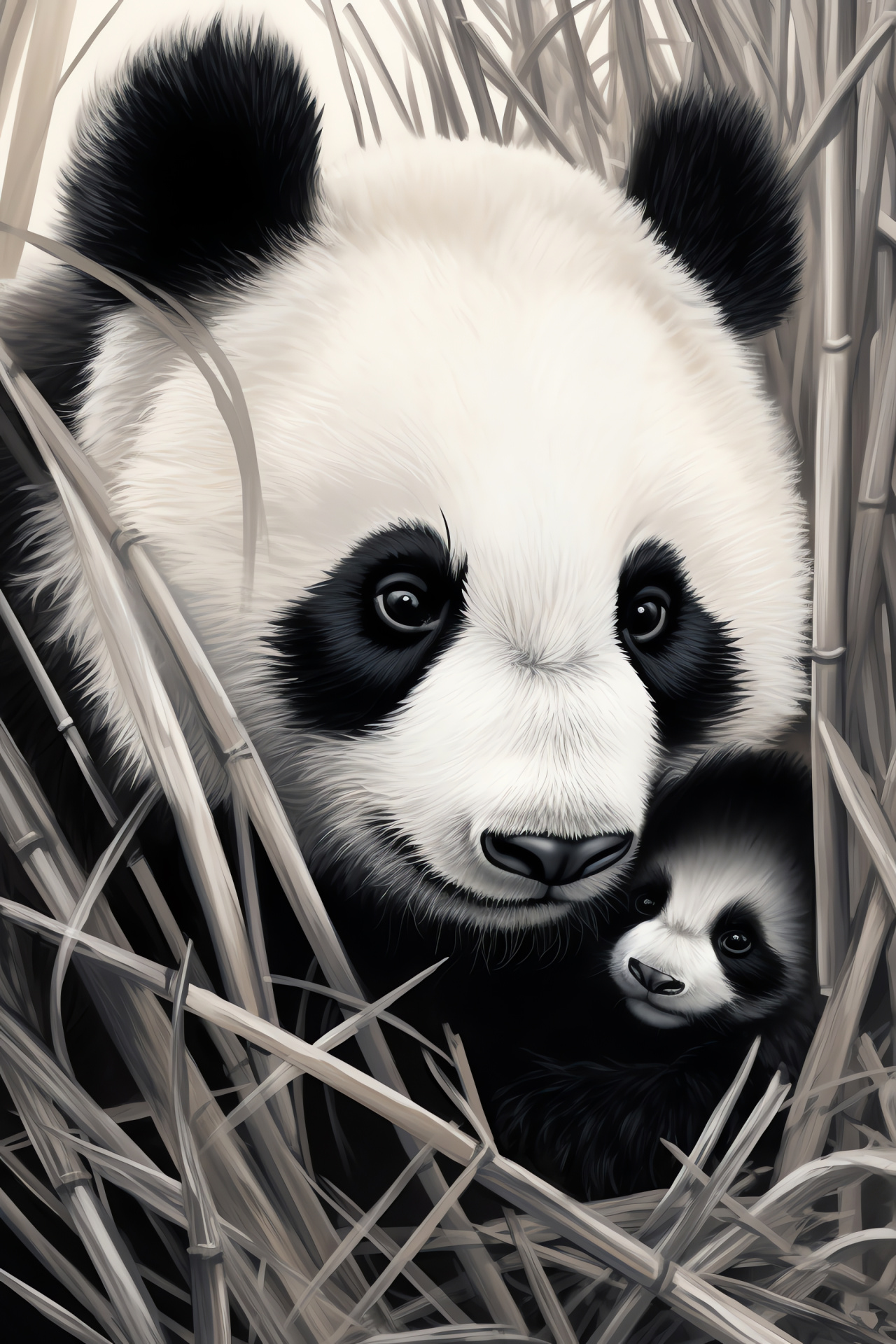 Panda family bonds, Bear offspring, Mammal nurturing, Cub adorable, Habitat bamboo, HD Phone Image