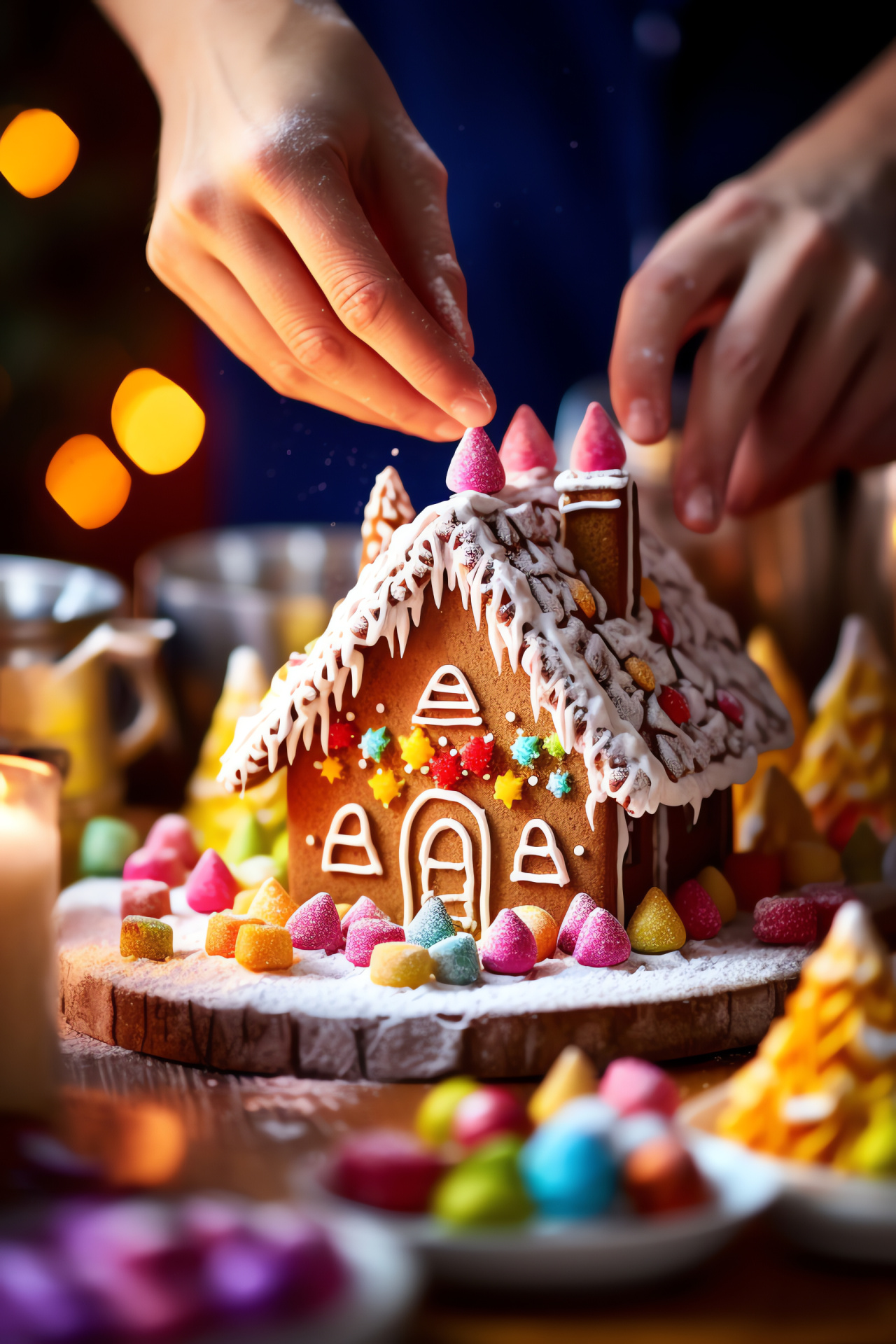 Festive activity hands, Seasonal sweets craft, Cookie architectural model, Sugary sprinkle snow, Edible home decoration, HD Phone Wallpaper