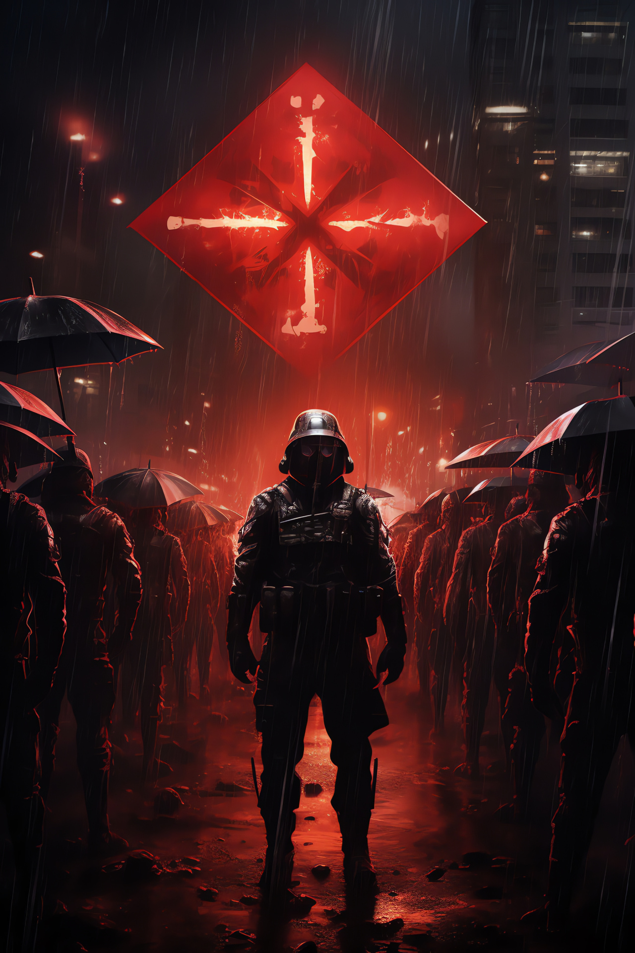 Umbrella Corporation resistance, soldier lineup, dystopian gear, combat ready, plasma arsenal, HD Phone Image
