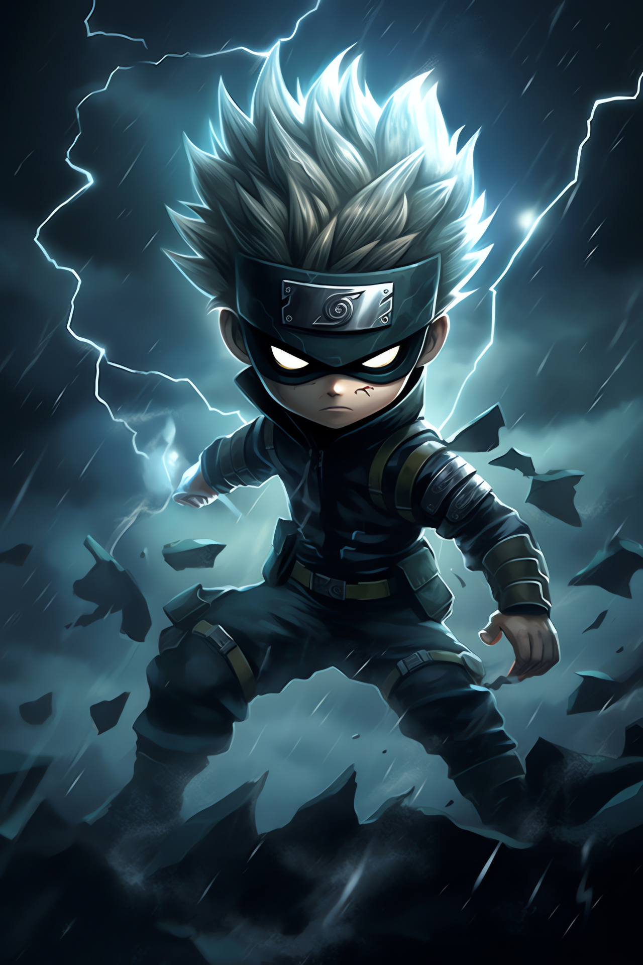 Chibi Kakashi action pose, Childlike ninja drawing, Electrifying move capture, Anime storm backdrop, Hatake clan representative, HD Phone Image