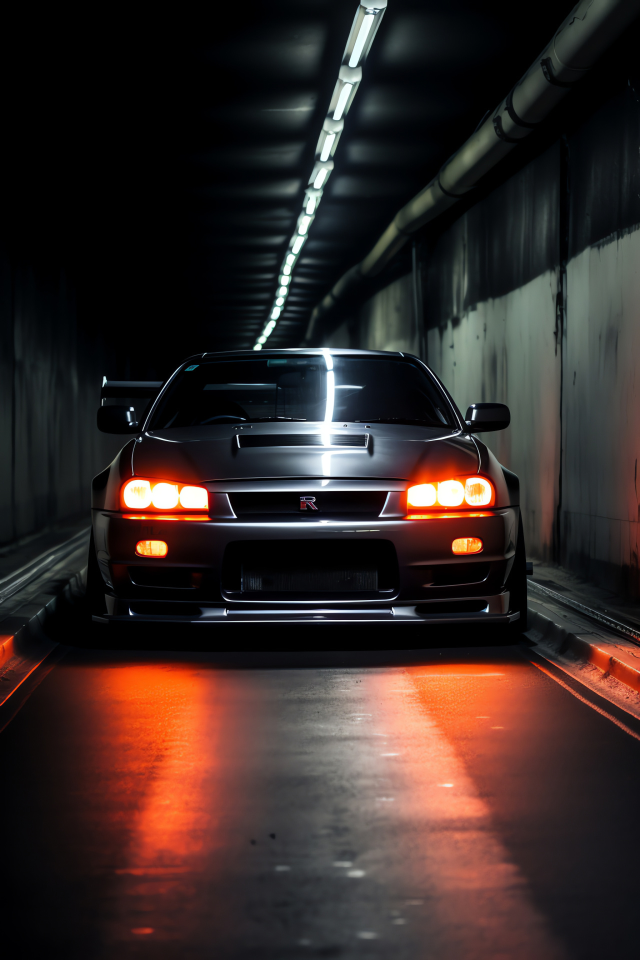 Nissan R32 GTR express, Futuristic auto passageway, Car LED ambiance, Velocity aura, Race car mystery, HD Phone Image