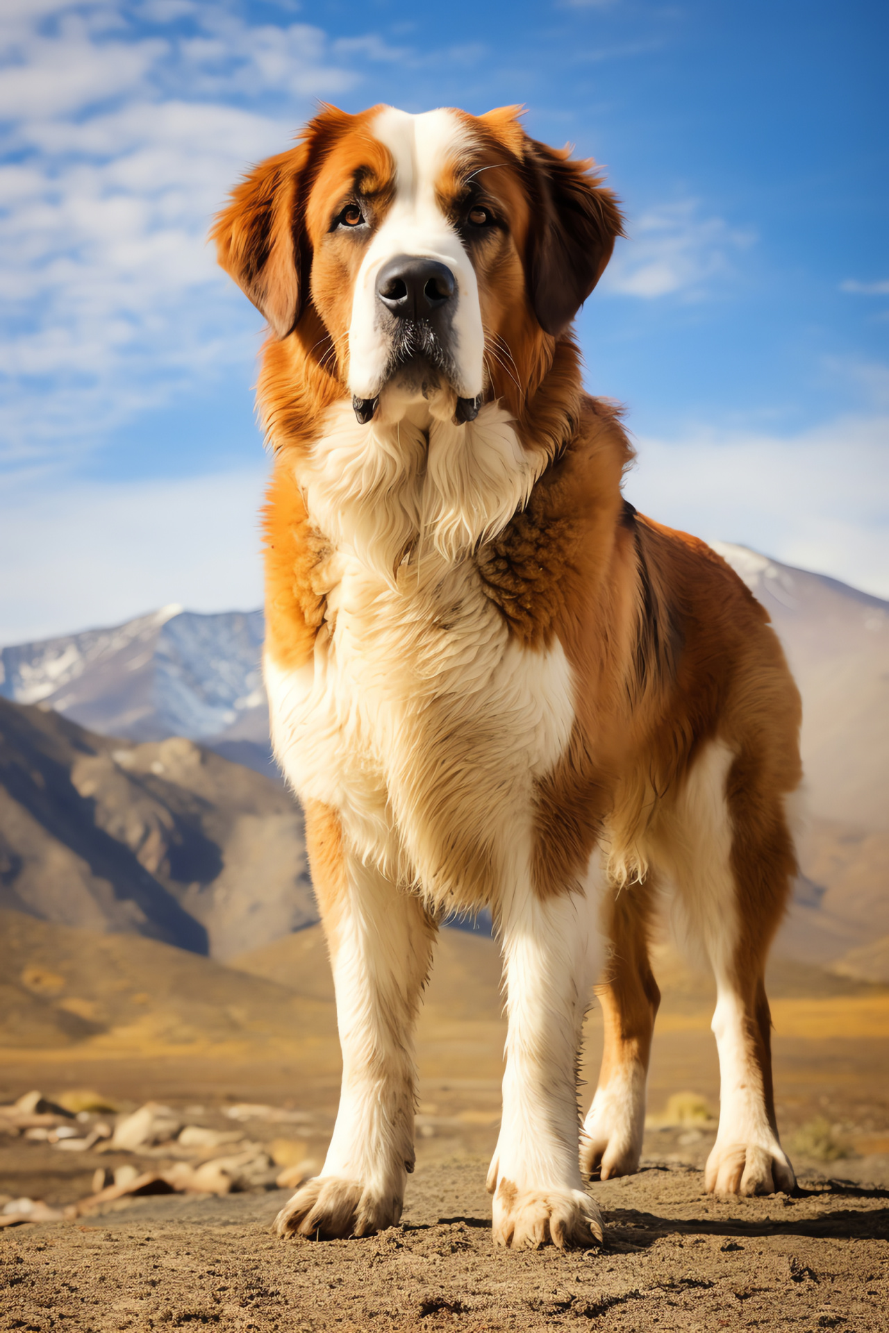 Gentle alpine guardian, warm brown gaze, shaggy coat, full stature on display, rich natural backdrop, HD Phone Image