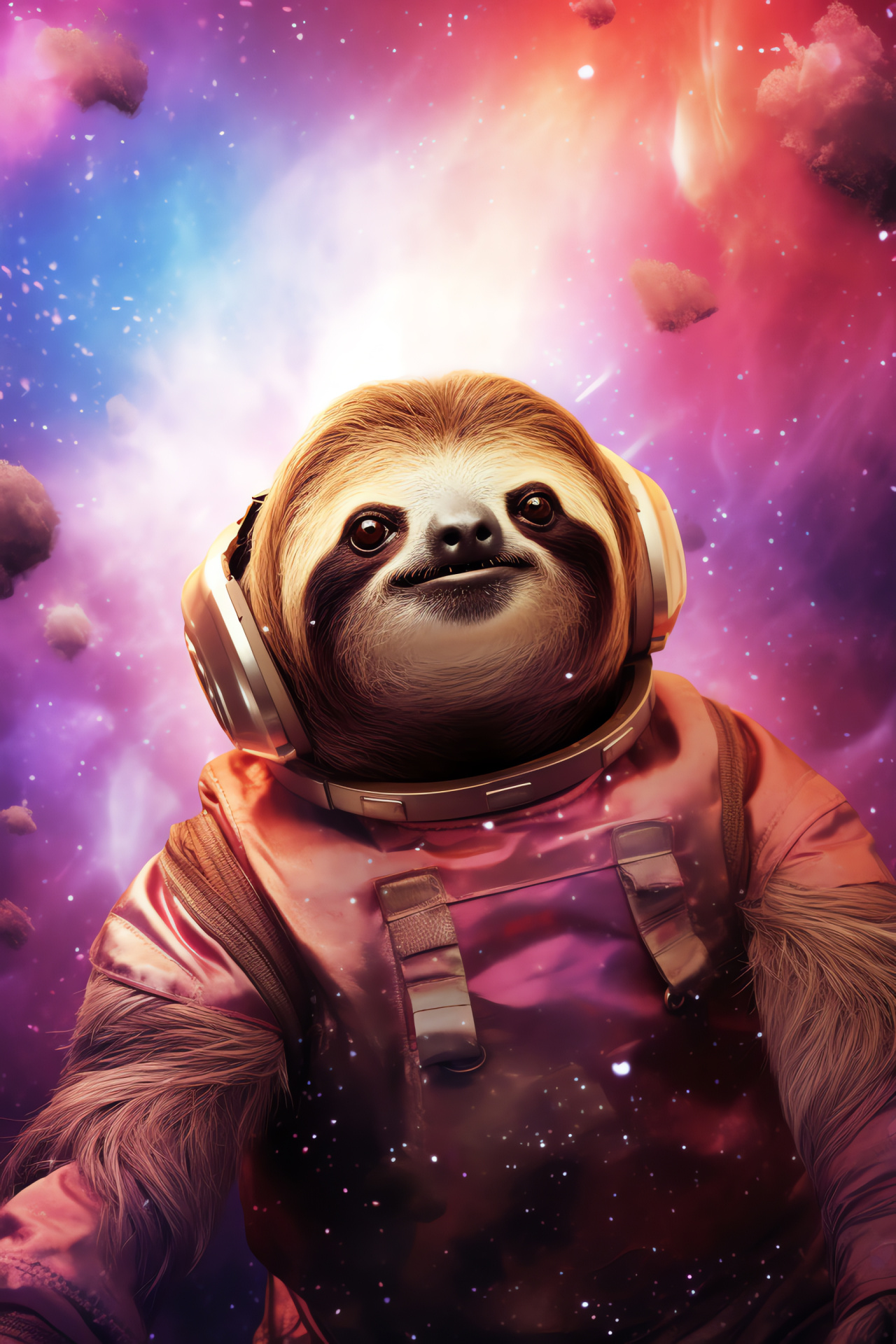 Space fantasy Slothstronaut, Celestial adventure, Curious creature, Mystical setting, Silken fur texture, HD Phone Image