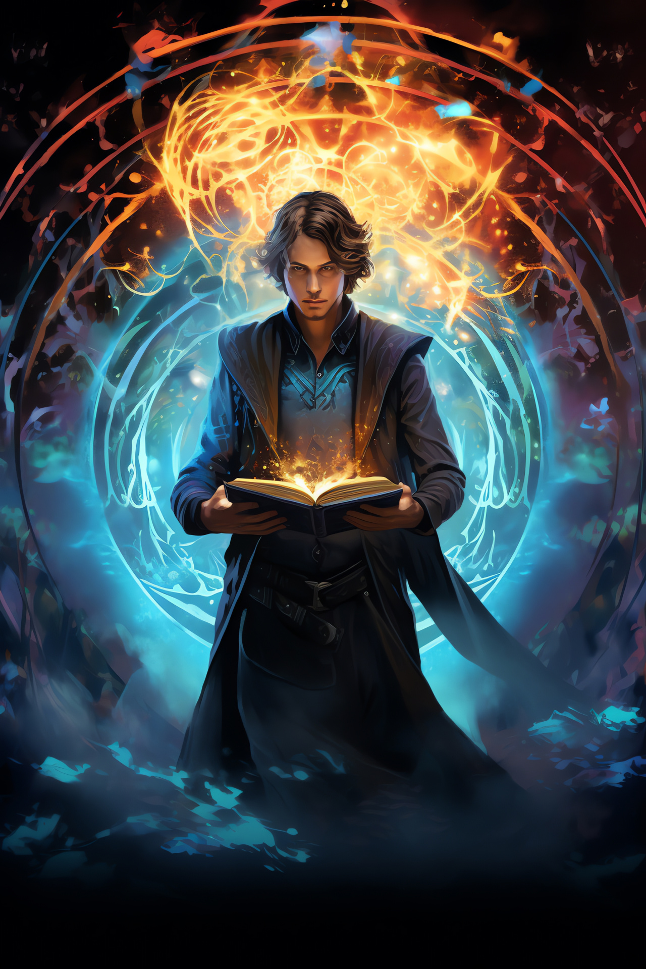 Jace Beleren card art, Mind mage portrayal, Planeswalker with tome, Mystical energies, Thematic lines, HD Phone Wallpaper