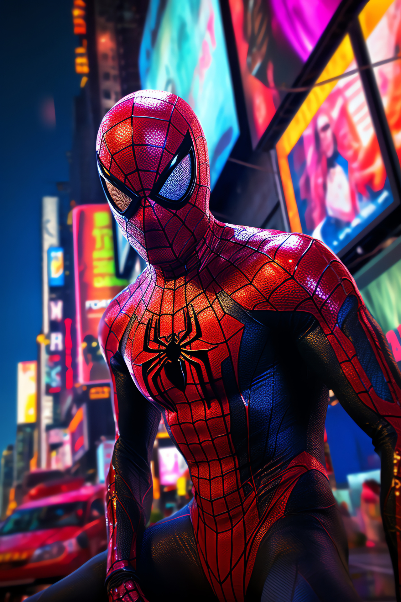 Spiderman in Times Square, Superhero amongst billboards, Nighttime urban lights, Iconic New York scene, Movie poster design, HD Phone Image