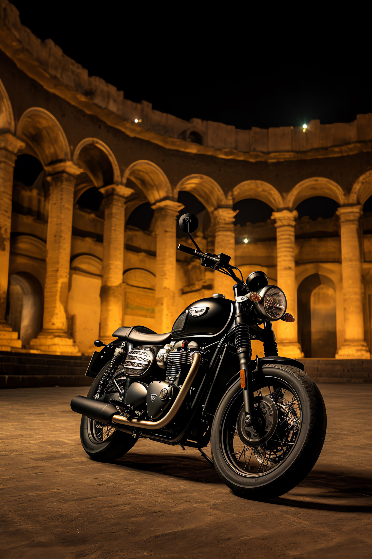 Triumph Bonneville bike, T120 Black version, Colosseum backdrop, matte finish, Rome's ancient ruins, HD Phone Wallpaper