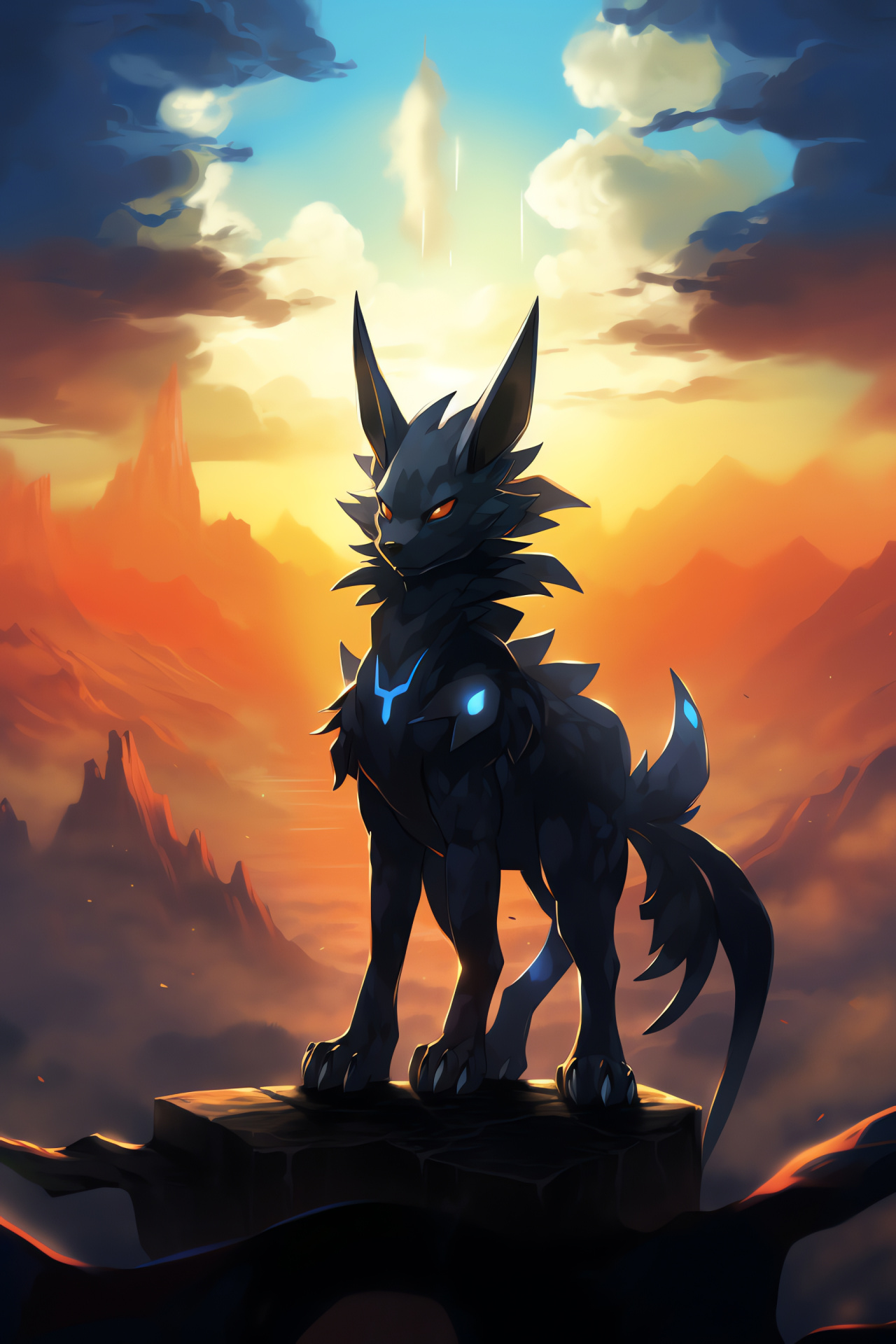 Lucario peak conqueror, Inner power symbol, Elevated terrain outline, Radiant dusk skyline, HD Phone Image