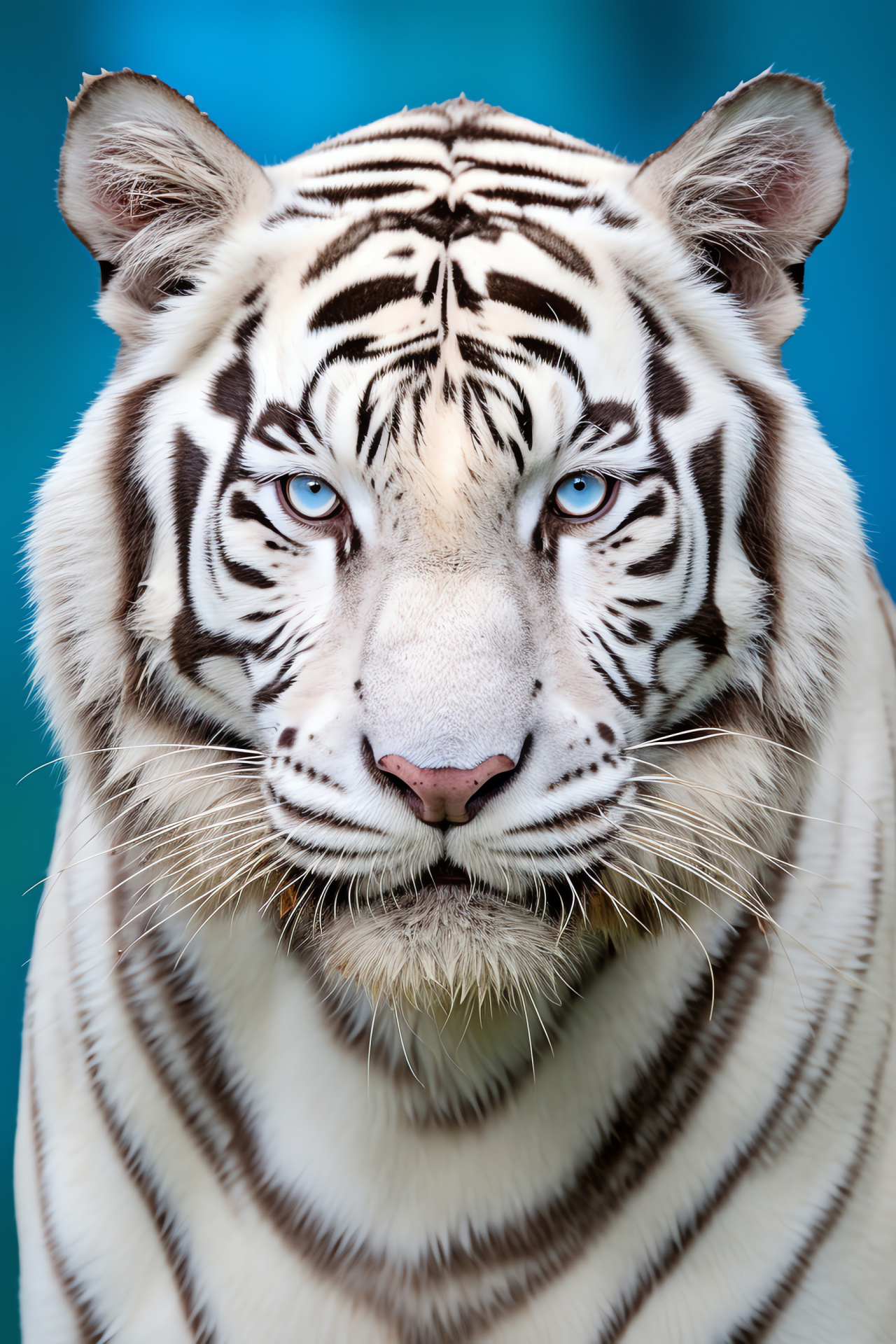 Majestic White Bengal Tiger, Predatory feline, Wildlife sanctuary, Pure blue sky, Striped fur, HD Phone Image