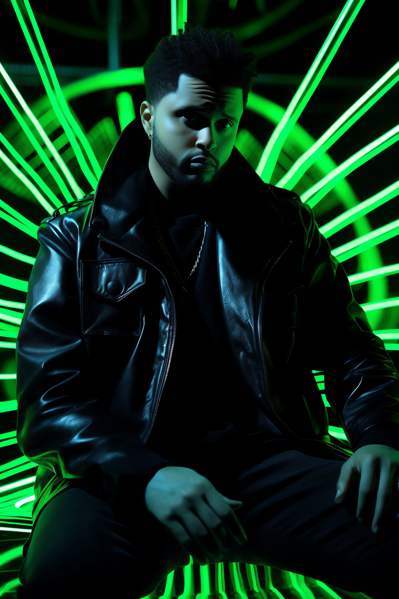 The Weeknd, Brown-eyed R&B artist, Leather fashion, Vinyl nostalgia, Illuminated setting, HD Phone Wallpaper