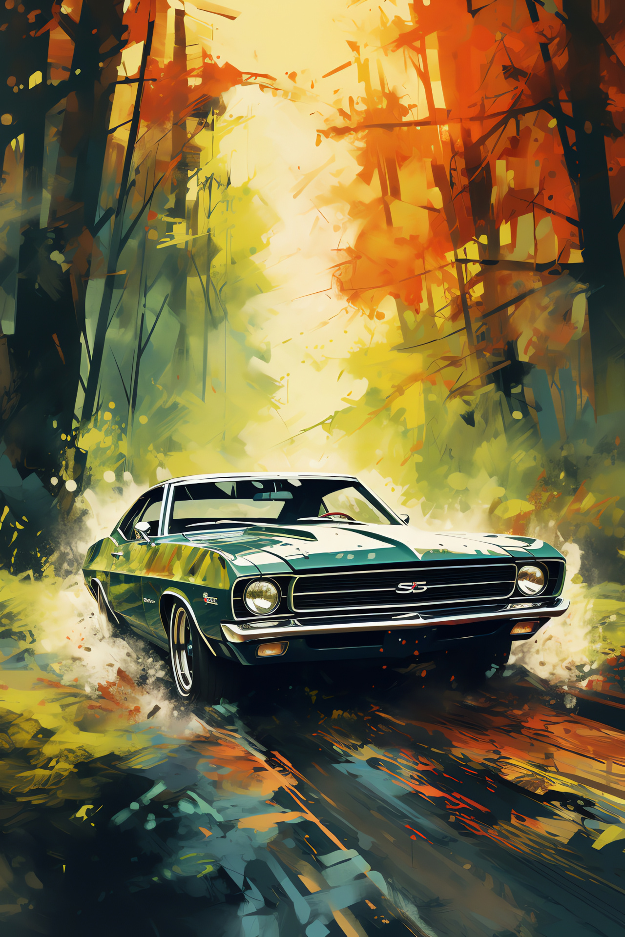 Vintage muscle auto, Forest backdrop, Natural beauty, Retro transportation, Lush greenery, HD Phone Wallpaper