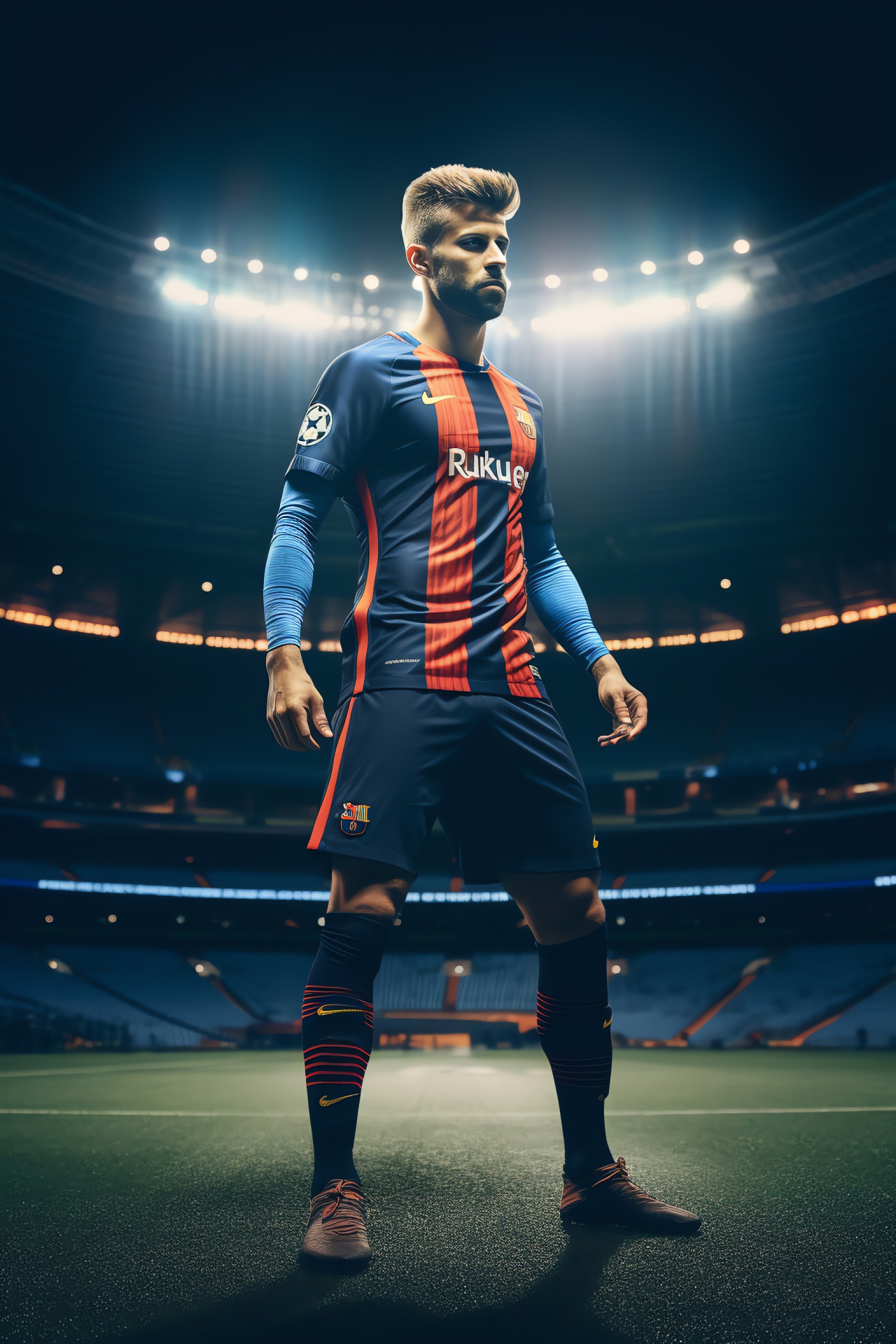 Gerard Piqu, Defensive role, FC Barcelona kit, Leadership on field, Floodlit pitch, HD Phone Wallpaper