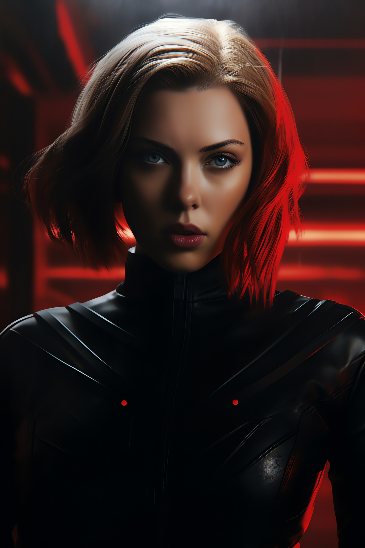 Scarlett Johansson action, Black Widow sharp look, Immediate danger, Fight readiness, Commanding presence, HD Phone Wallpaper