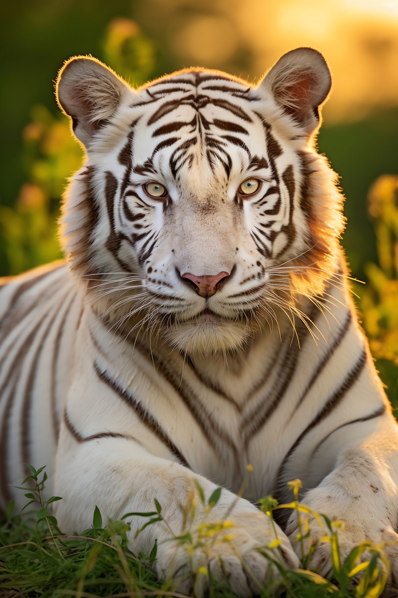 White Bengal Tiger, verdant optics, high-contrast fur, obsidian stripes, undulating terrain, HD Phone Wallpaper