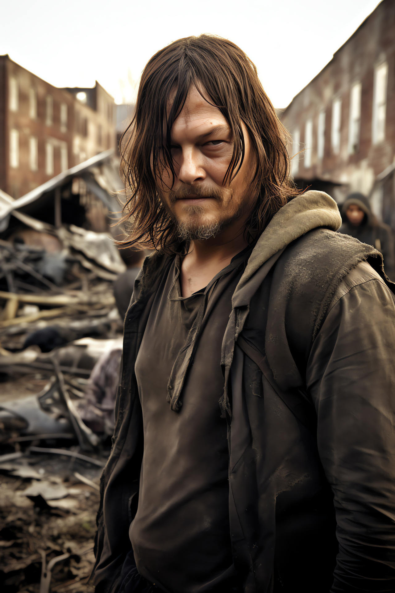 Film adaption of survival, Norman Reedus character, Apocalyptic backdrop, Ruined architecture, Survivalist theme, HD Phone Wallpaper