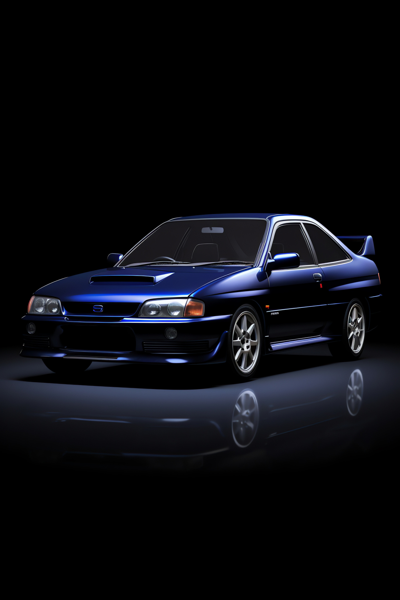 Subaru Impreza version, 22B specialized model, high angle depiction, iconic blue shade, contrasting backdrop, HD Phone Wallpaper