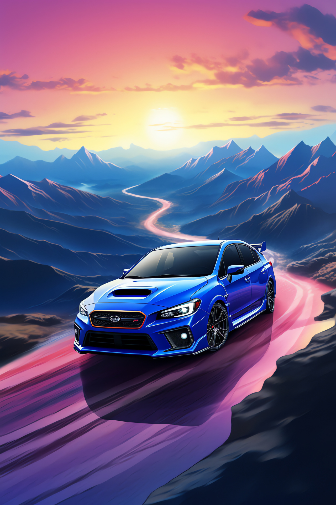 Subaru WRX STI, aerial shot, sports car power, racing blue, engineered excitement, HD Phone Image