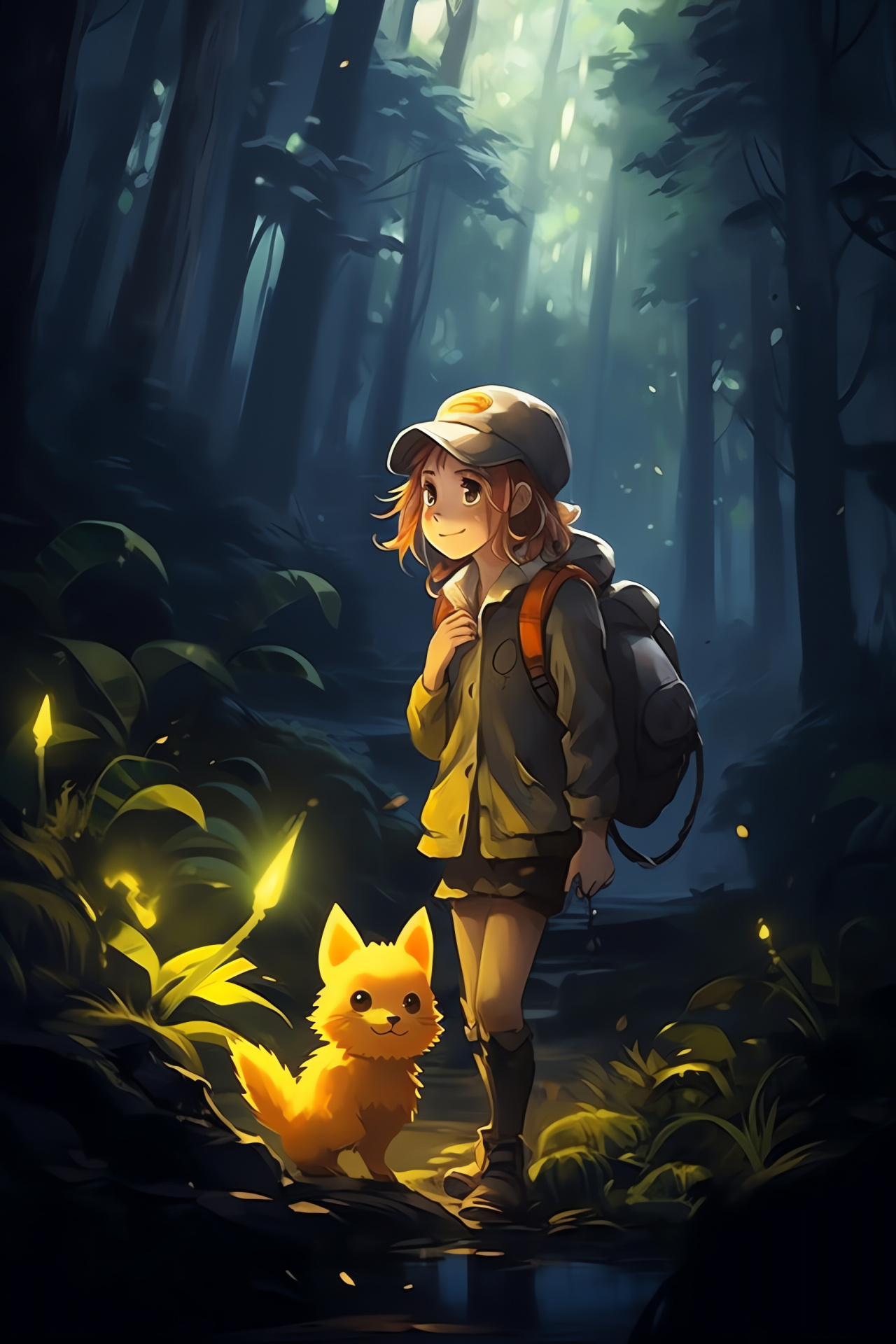 Togepi companion, Dangerous expedition, Misty anime, Illuminated path, Enigmatic forest, HD Phone Image